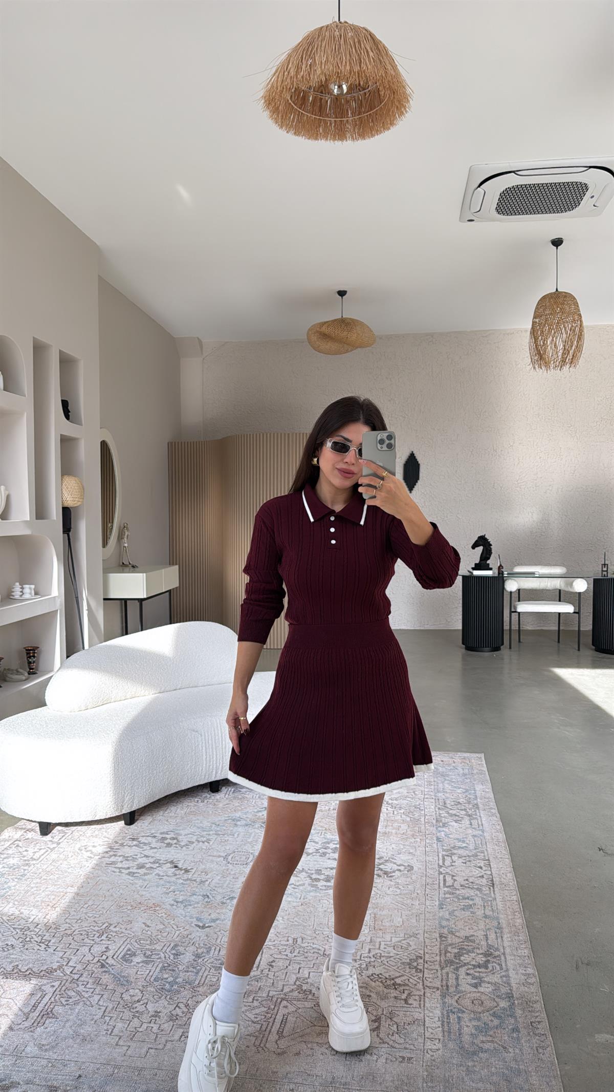 Bordo Polo Yaka Biyeli Etekli Takım