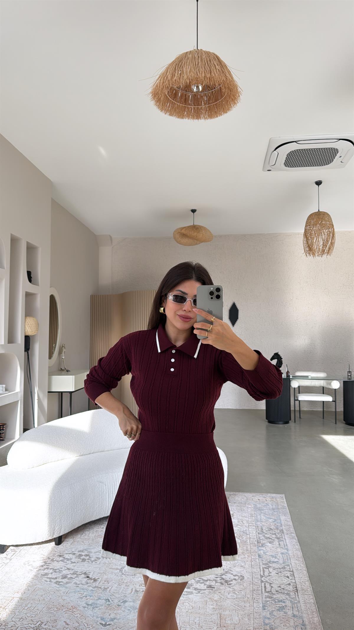 Bordo Polo Yaka Biyeli Etekli Takım