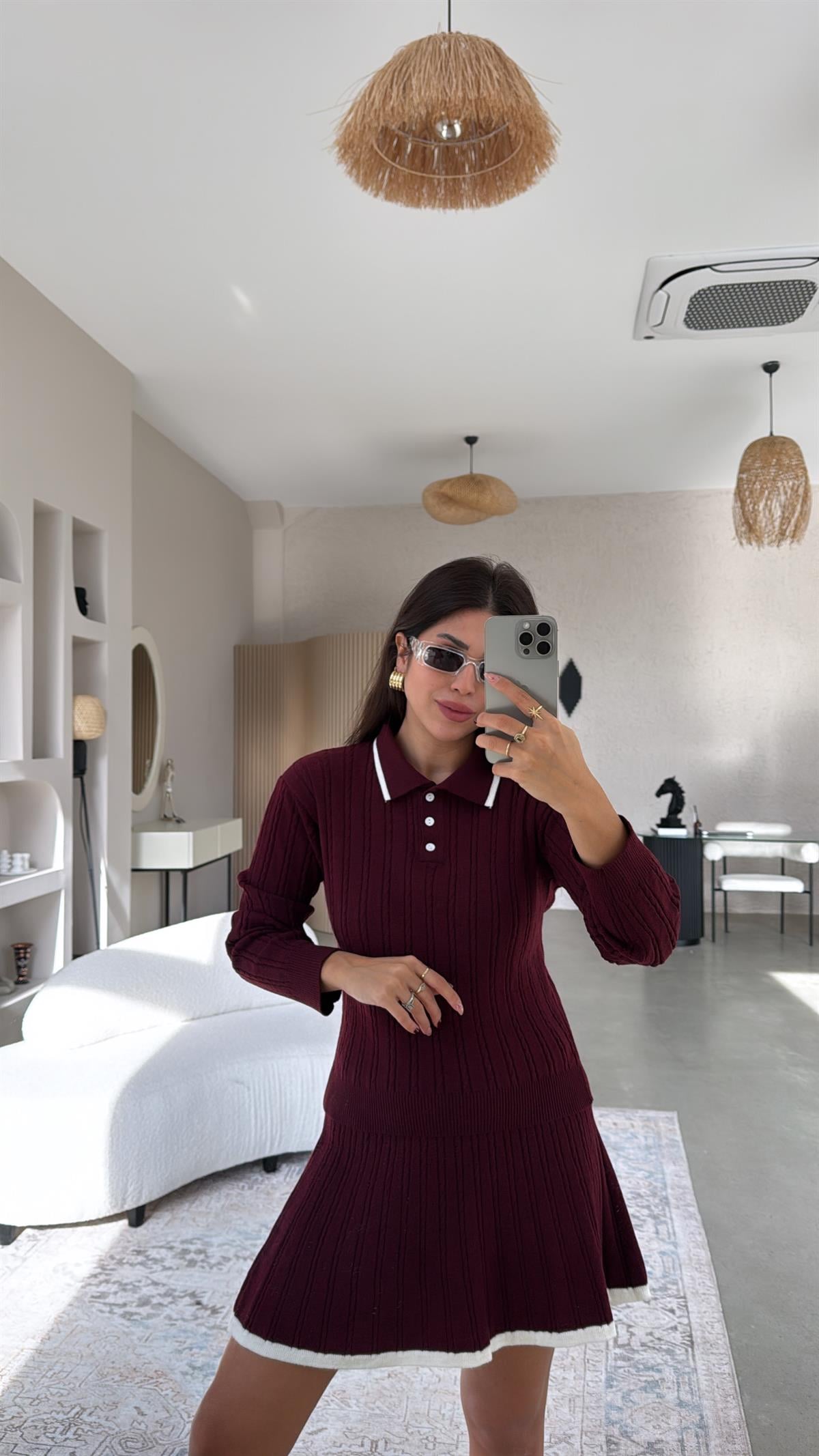 Bordo Polo Yaka Biyeli Etekli Takım