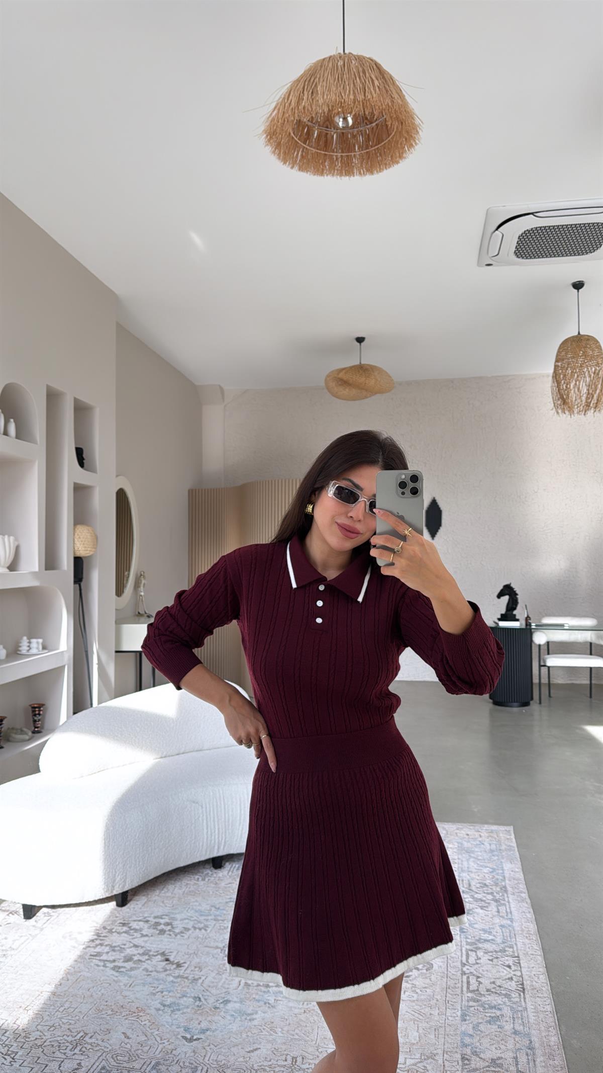 Bordo Polo Yaka Biyeli Etekli Takım