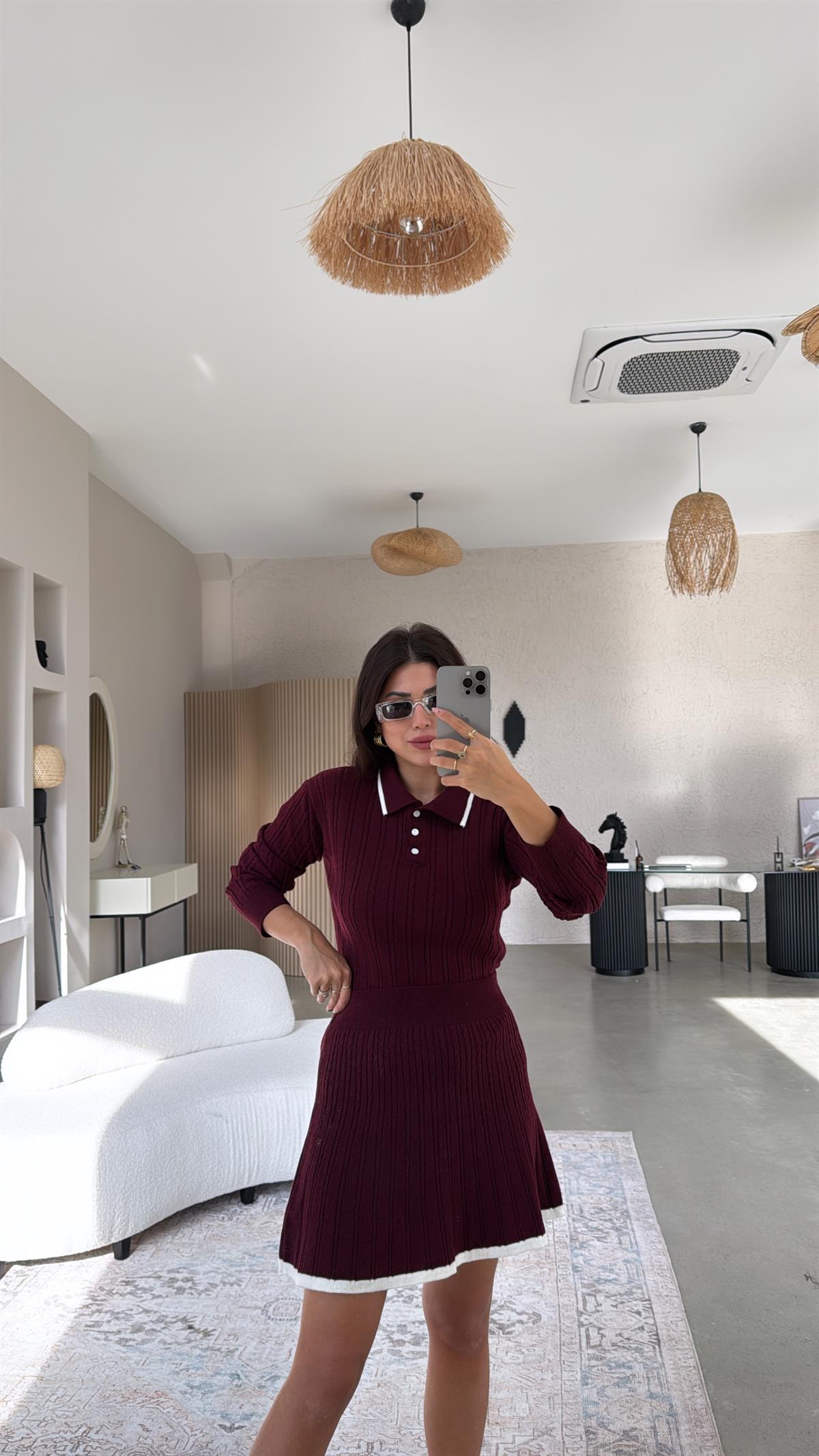 Bordo Polo Yaka Biyeli Etekli Takım