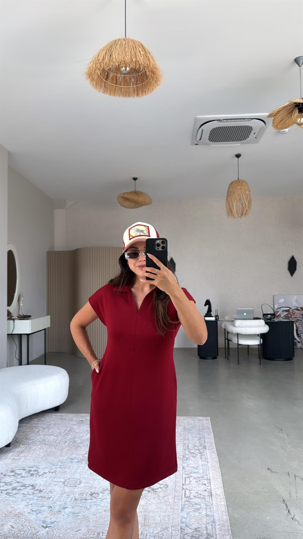 Bordo Polo Yaka Çımalı Elbise