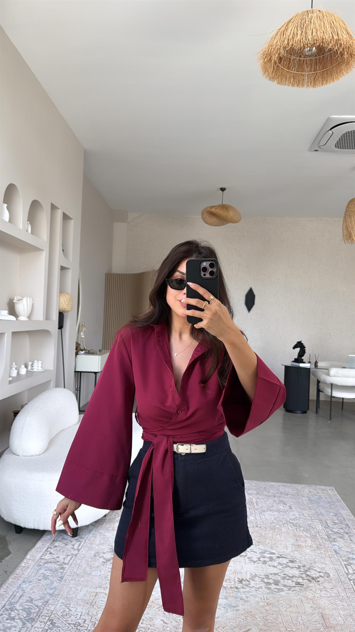 Bordo Poplin Bağlamalı Gömlek