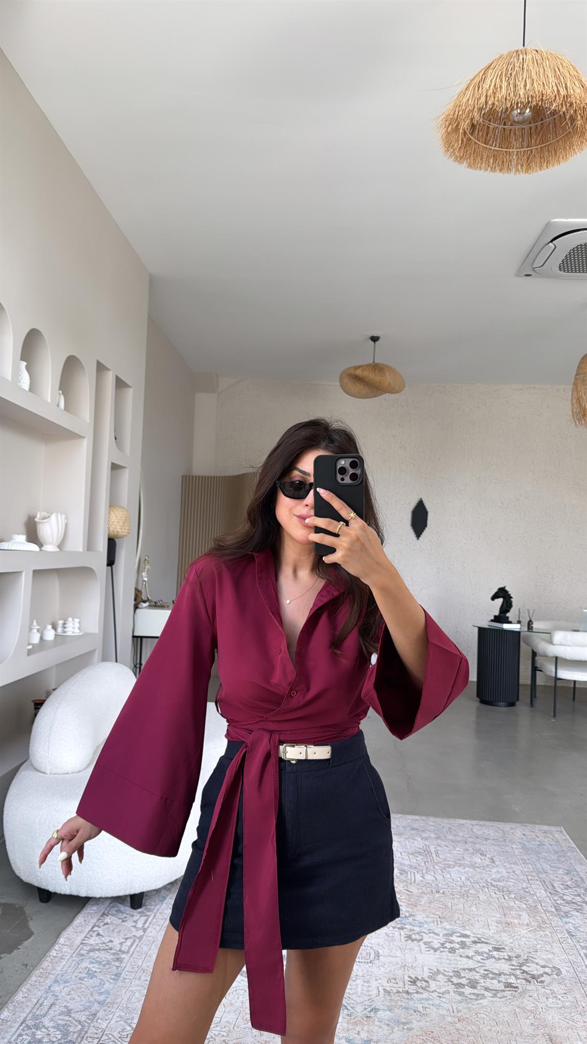 Bordo Poplin Bağlamalı Gömlek