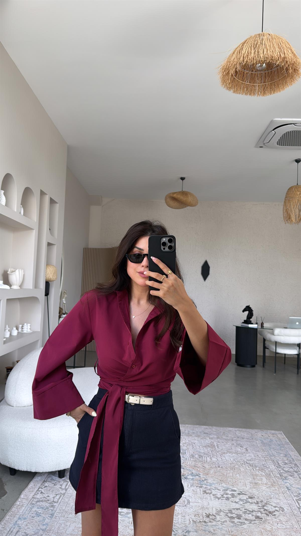 Bordo Poplin Bağlamalı Gömlek