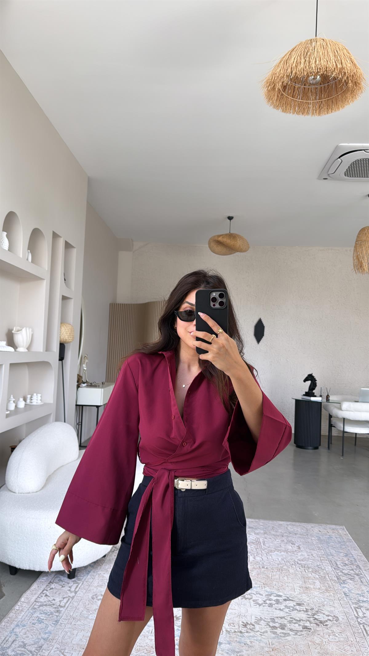 Bordo Poplin Bağlamalı Gömlek