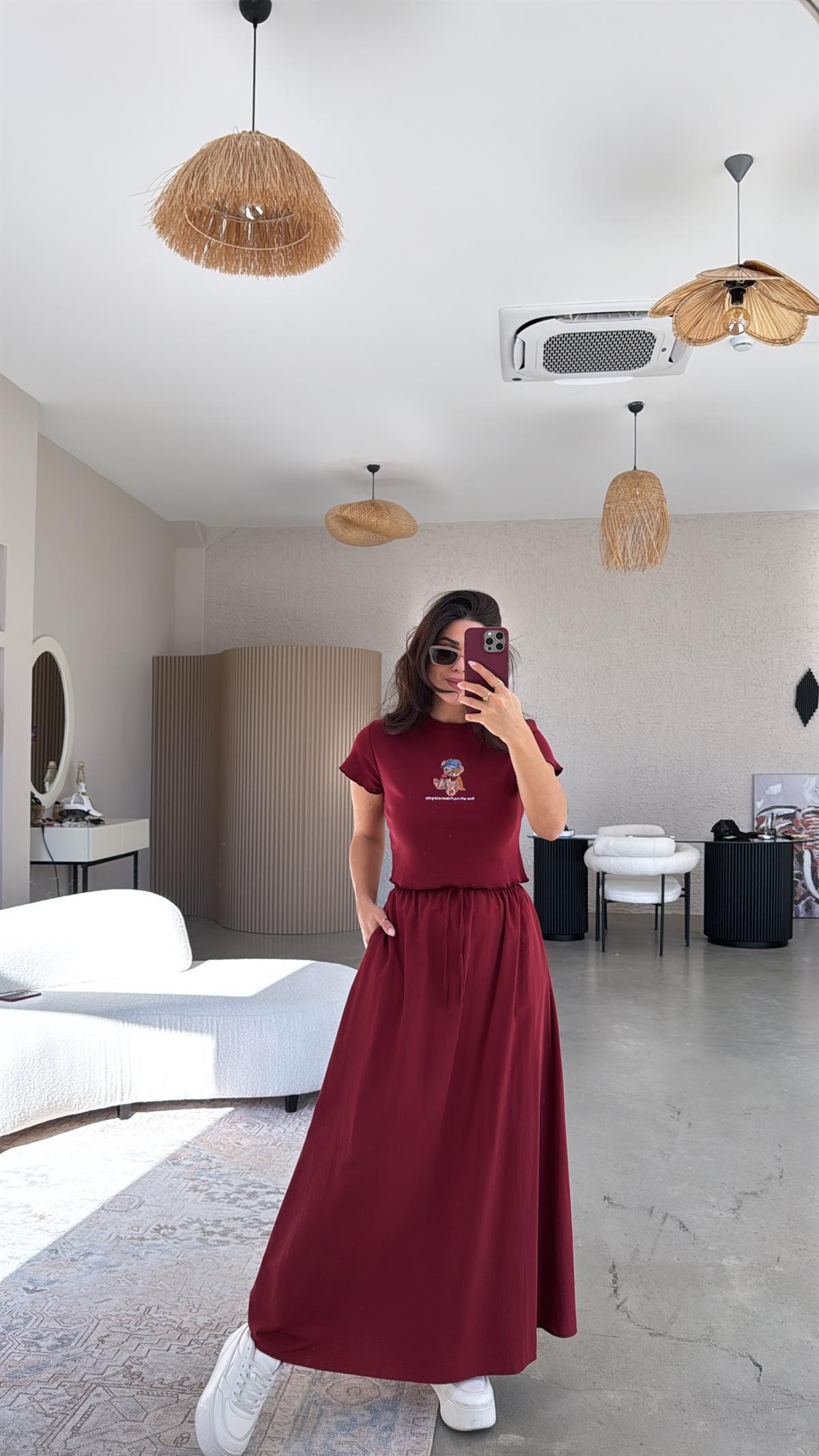 Bordo Poplin Maxi Etek