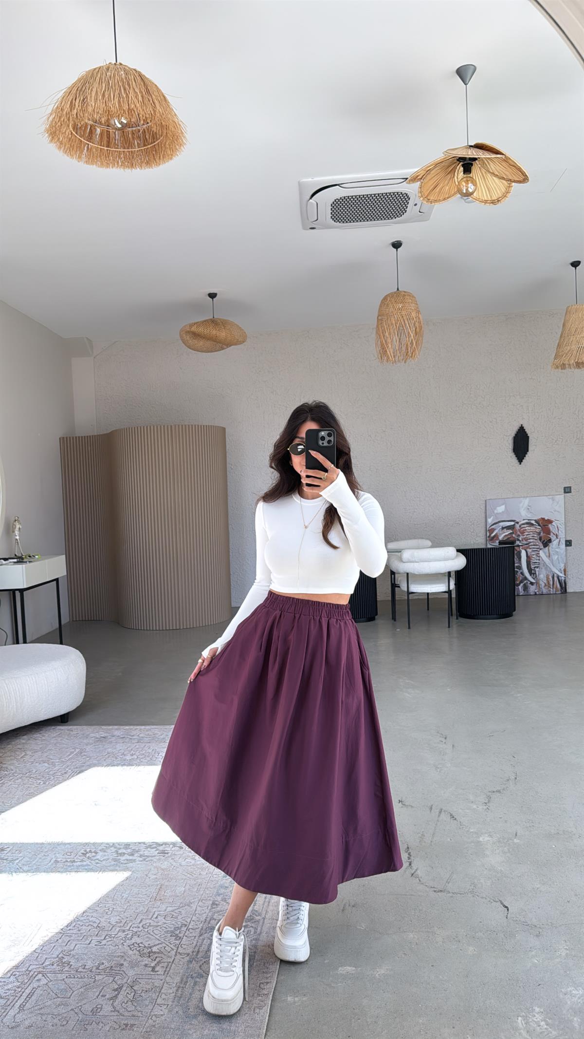 Bordo Poplin Midi Etek