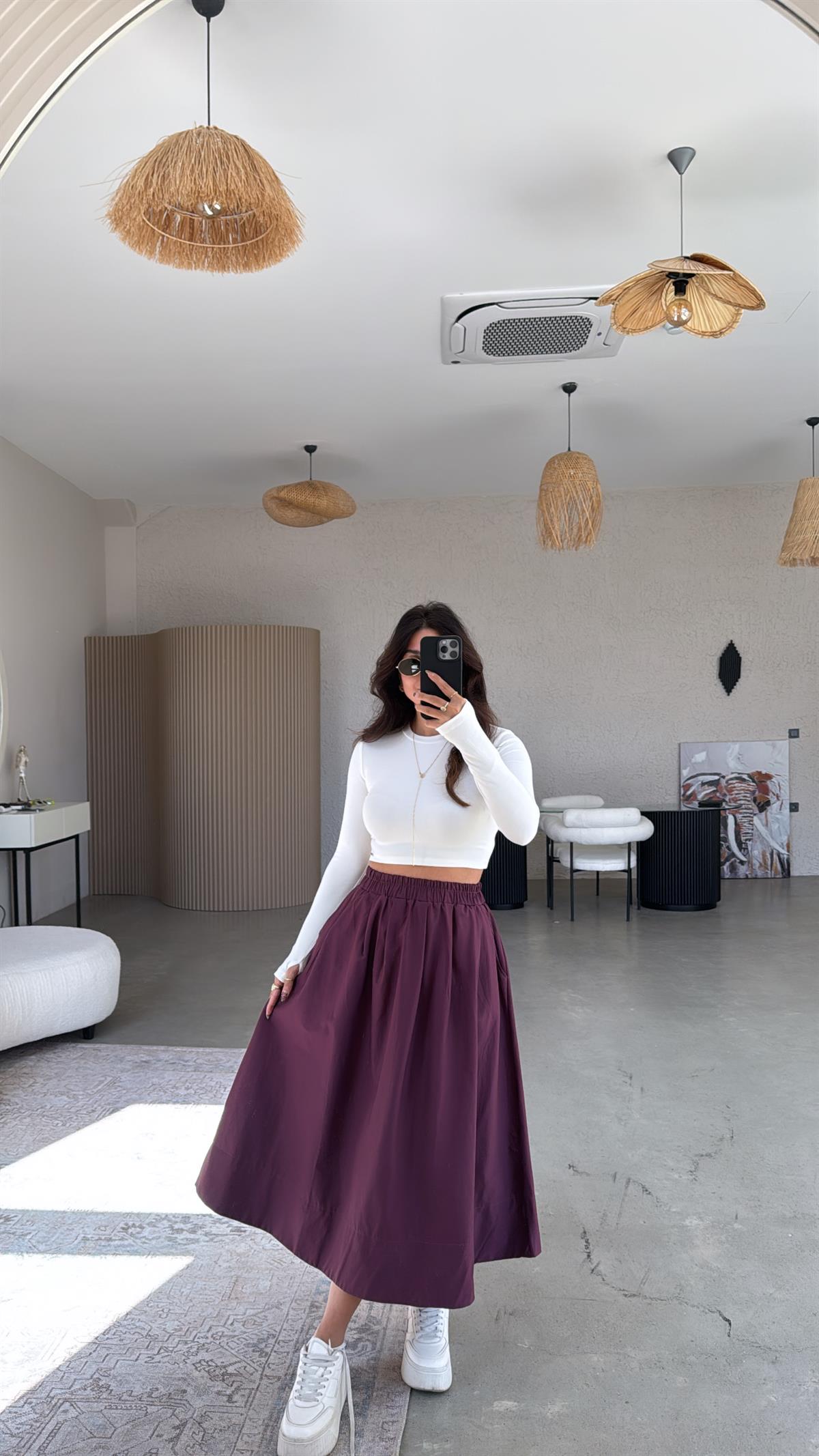 Bordo Poplin Midi Etek