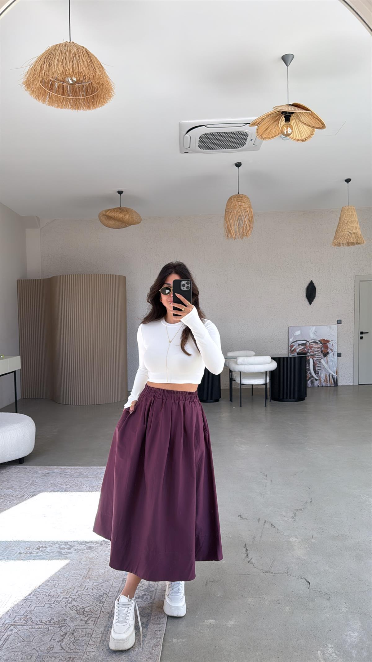 Bordo Poplin Midi Etek