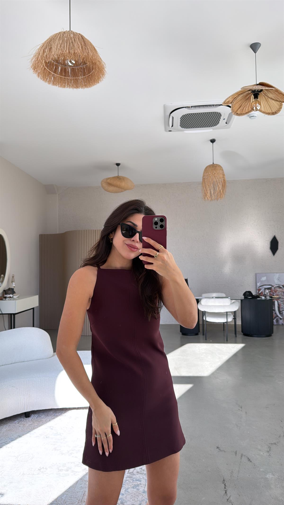 Bordo Premium Askılı Mini Elbise