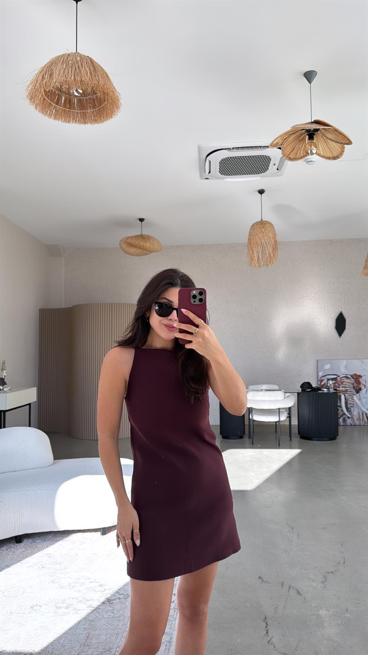 Bordo Premium Askılı Mini Elbise
