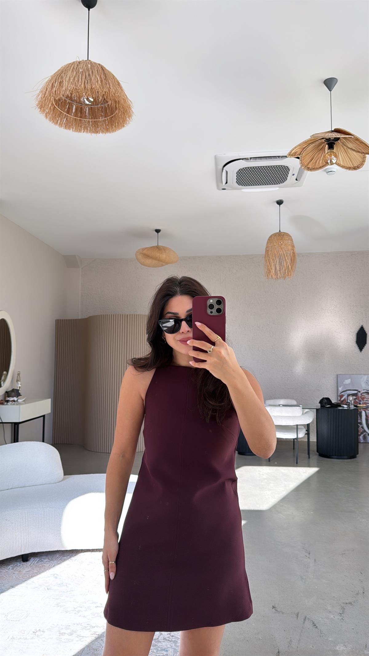 Bordo Premium Askılı Mini Elbise