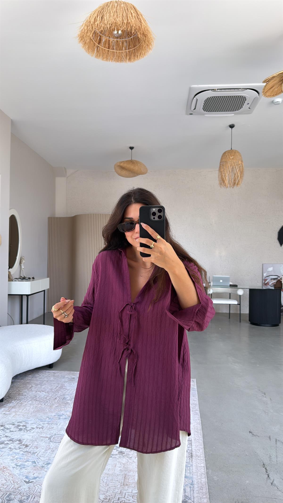 Bordo Premium Bağlamalı Gömlek Bluz