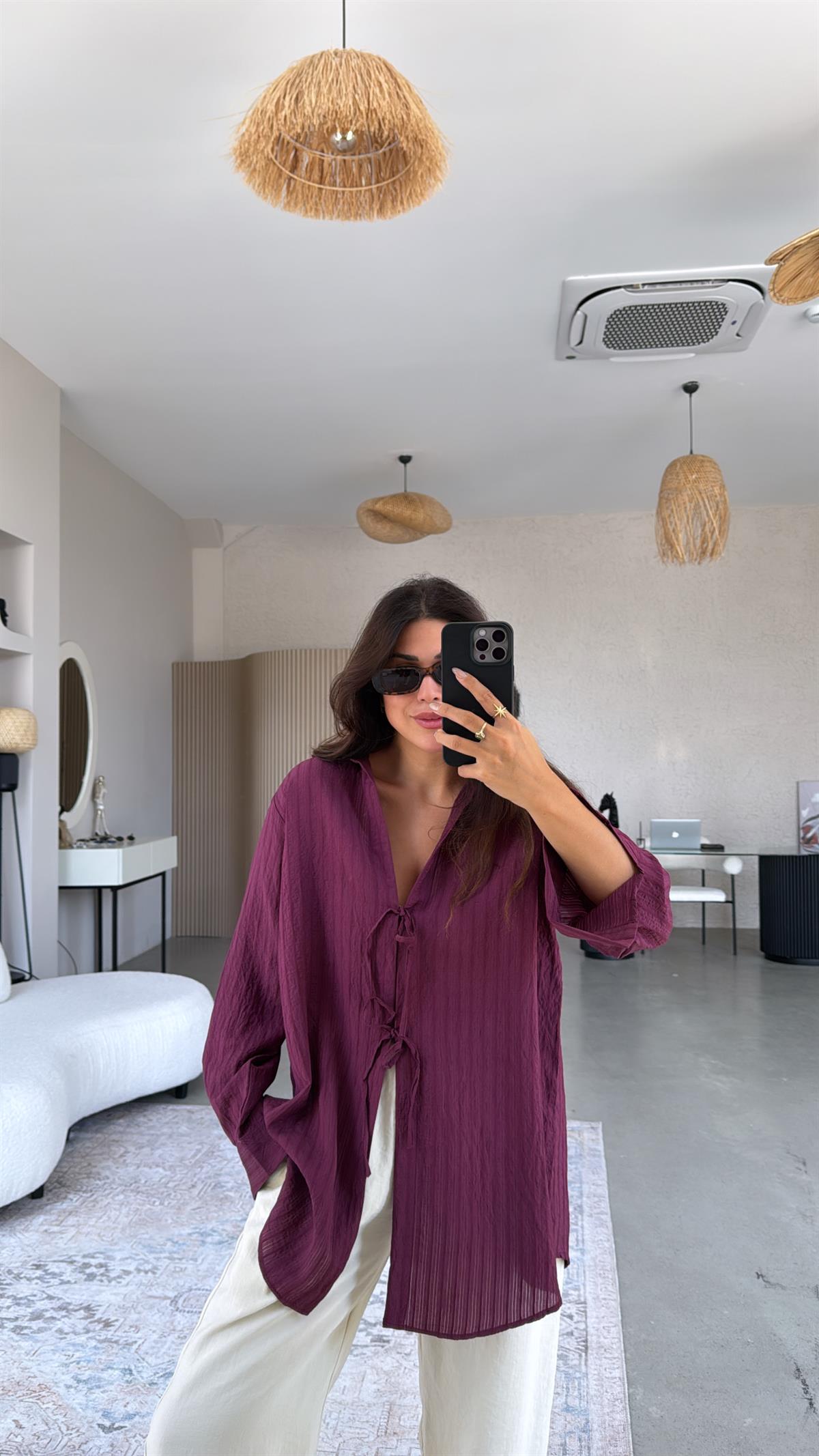 Bordo Premium Bağlamalı Gömlek Bluz