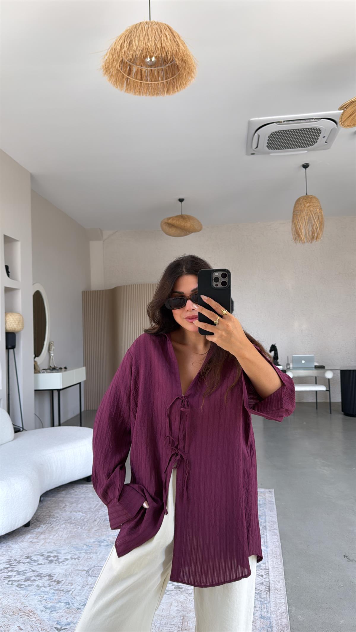 Bordo Premium Bağlamalı Gömlek Bluz