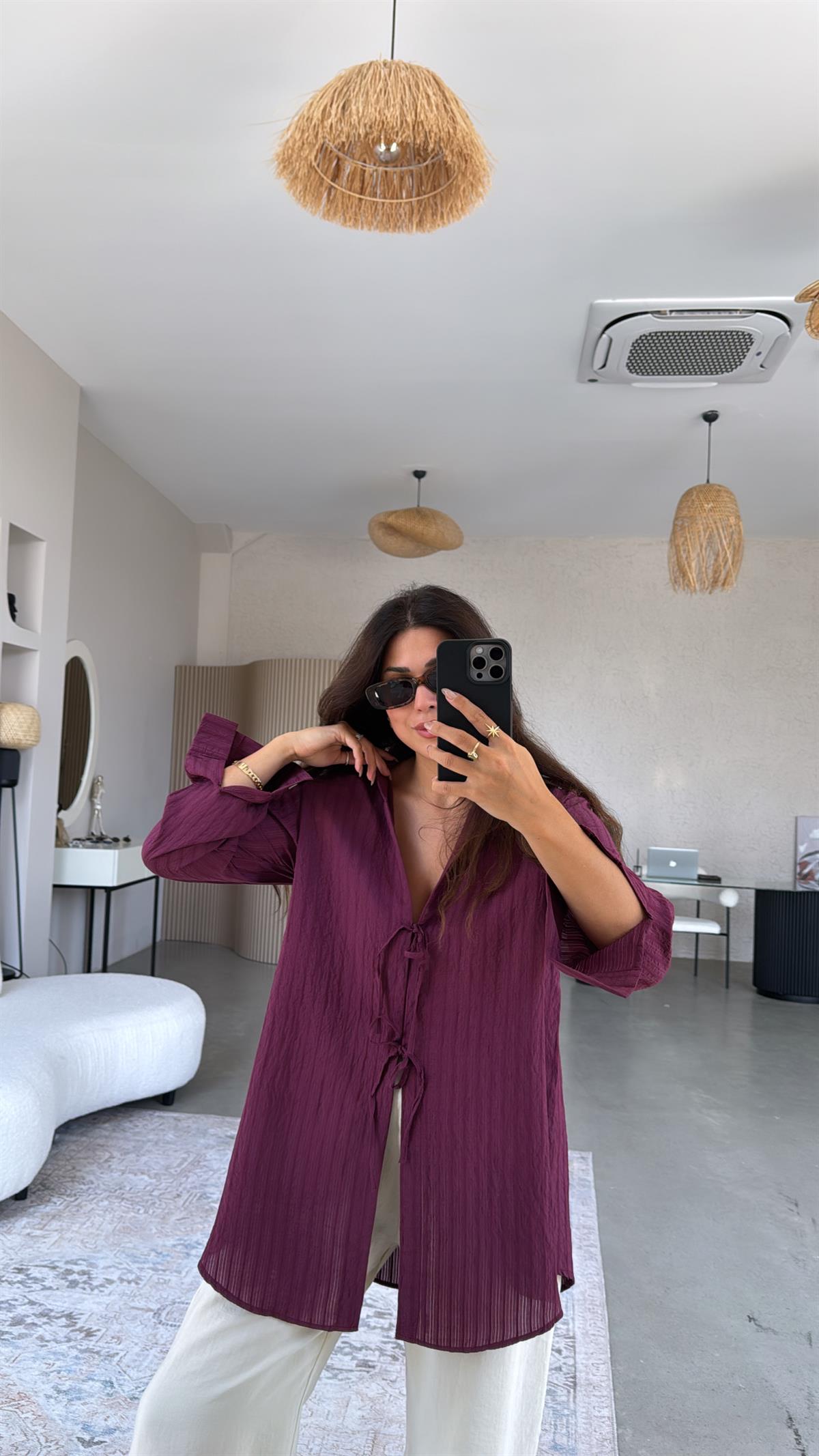 Bordo Premium Bağlamalı Gömlek Bluz