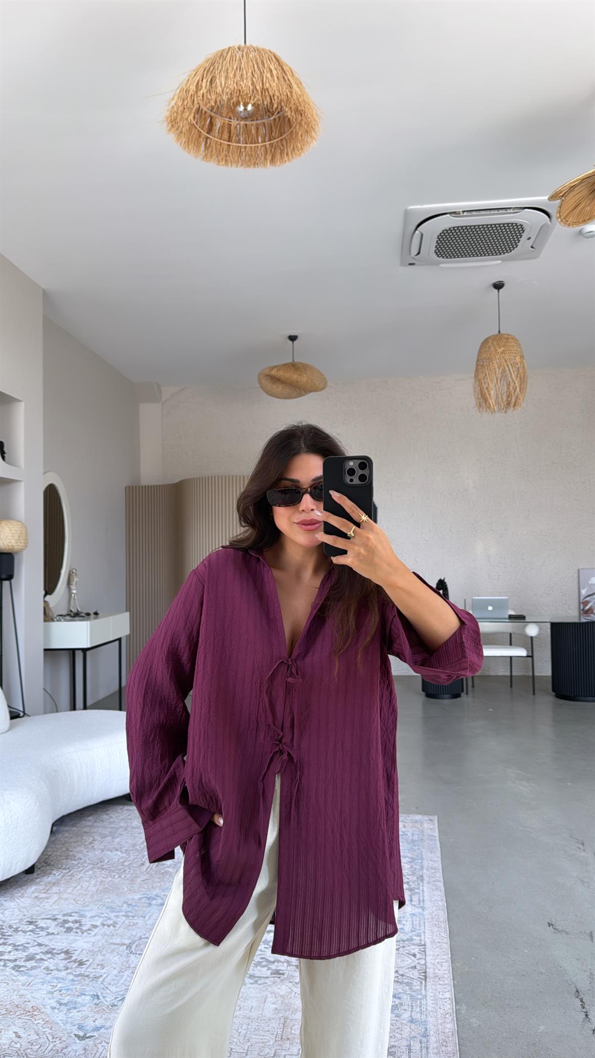 Bordo Premium Bağlamalı Gömlek Bluz