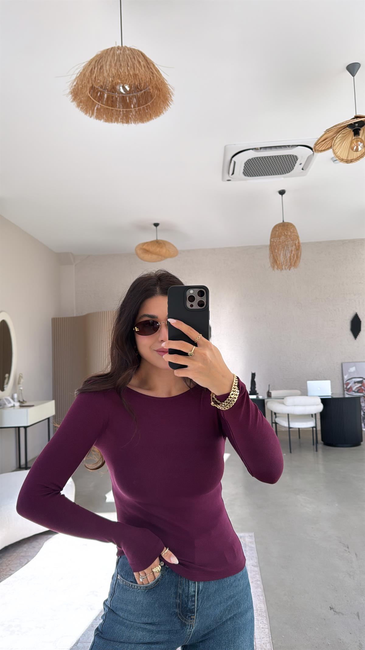 Bordo Pyr Uzun Kol Basic Bluz