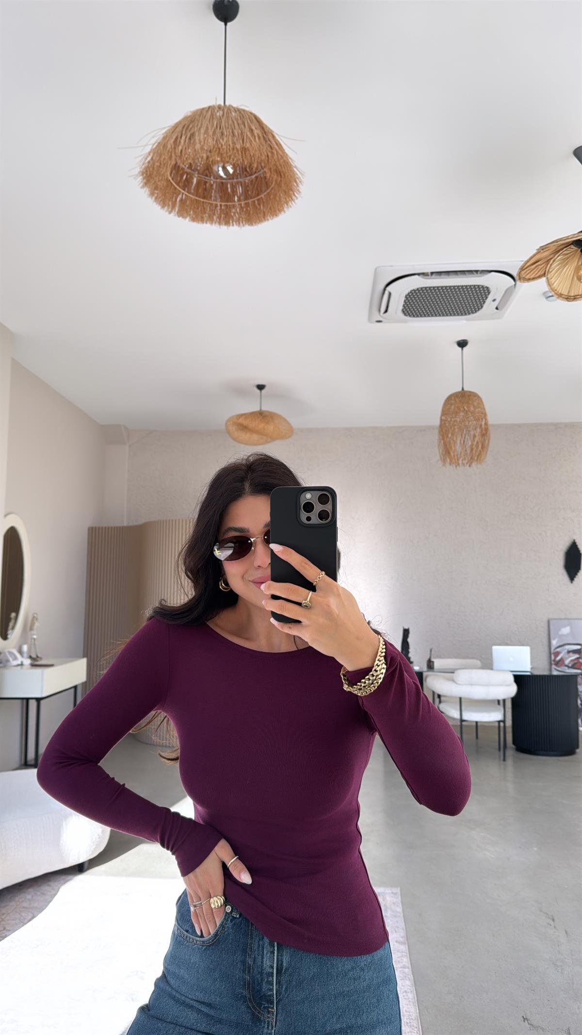 Bordo Pyr Uzun Kol Basic Bluz