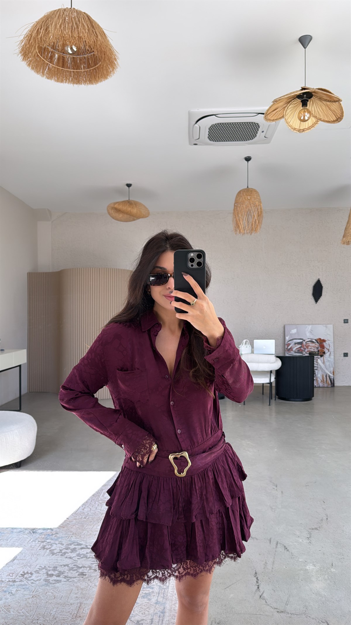 Bordo Saten Dantel Detaylı Kat Kat Mini Elbise
