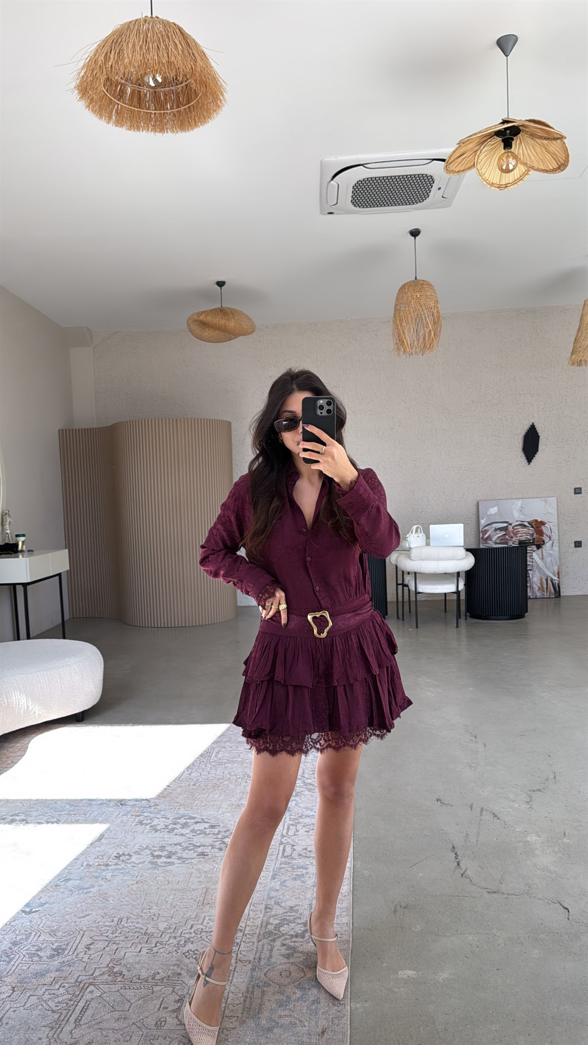 Bordo Saten Dantel Detaylı Kat Kat Mini Elbise