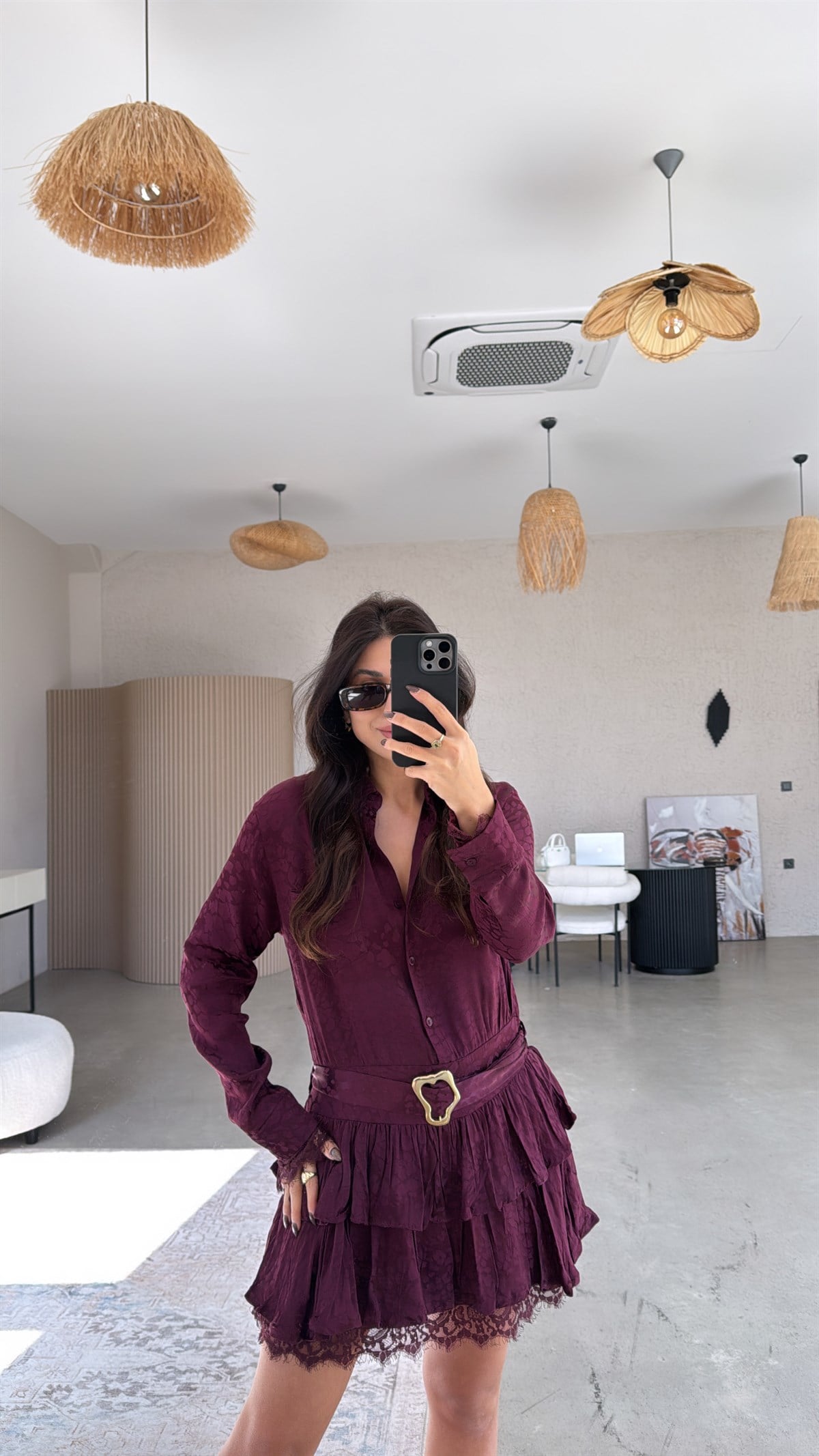 Bordo Saten Dantel Detaylı Kat Kat Mini Elbise