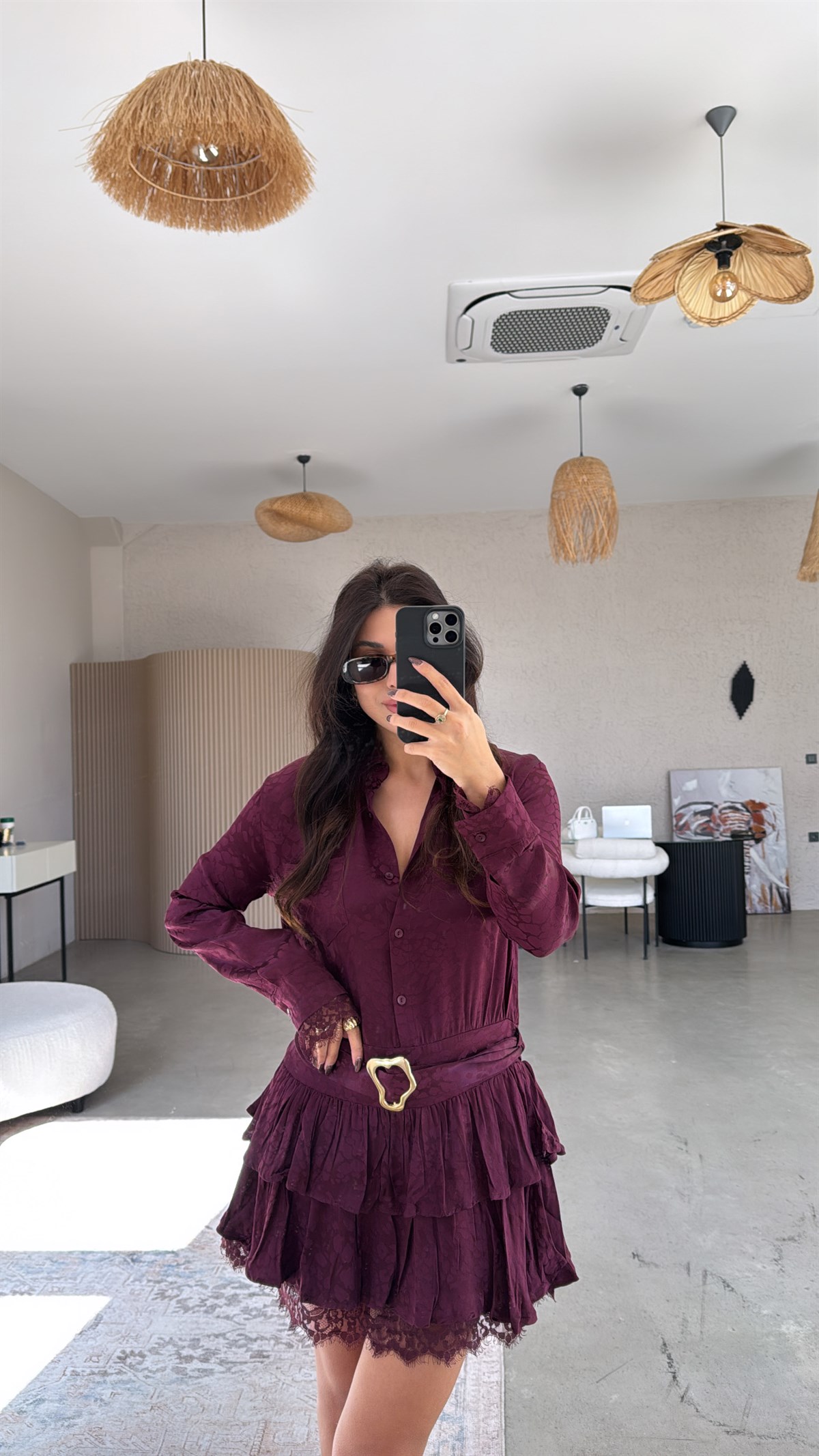 Bordo Saten Dantel Detaylı Kat Kat Mini Elbise