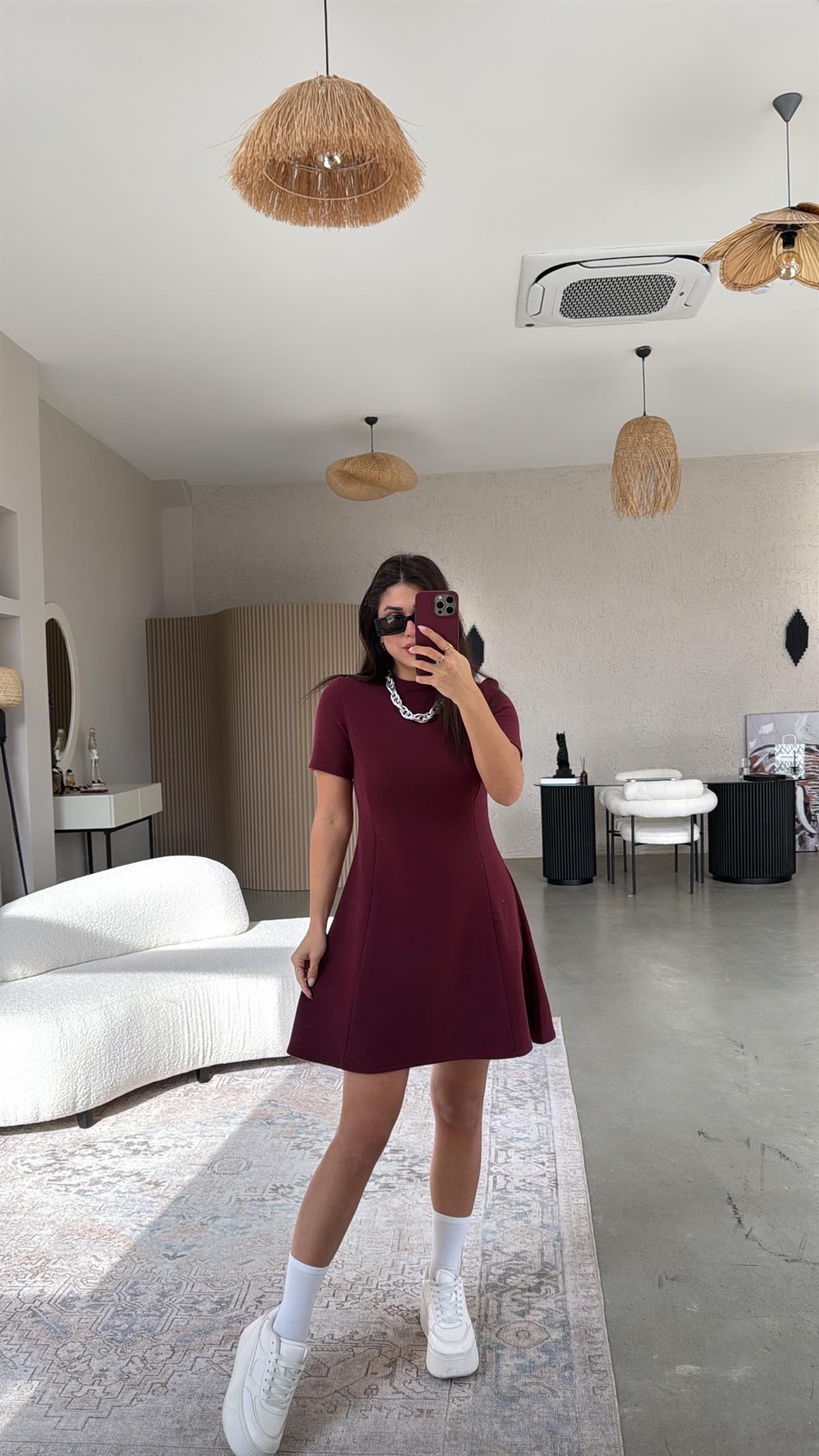 Bordo Selanik Triko Çan Elbise