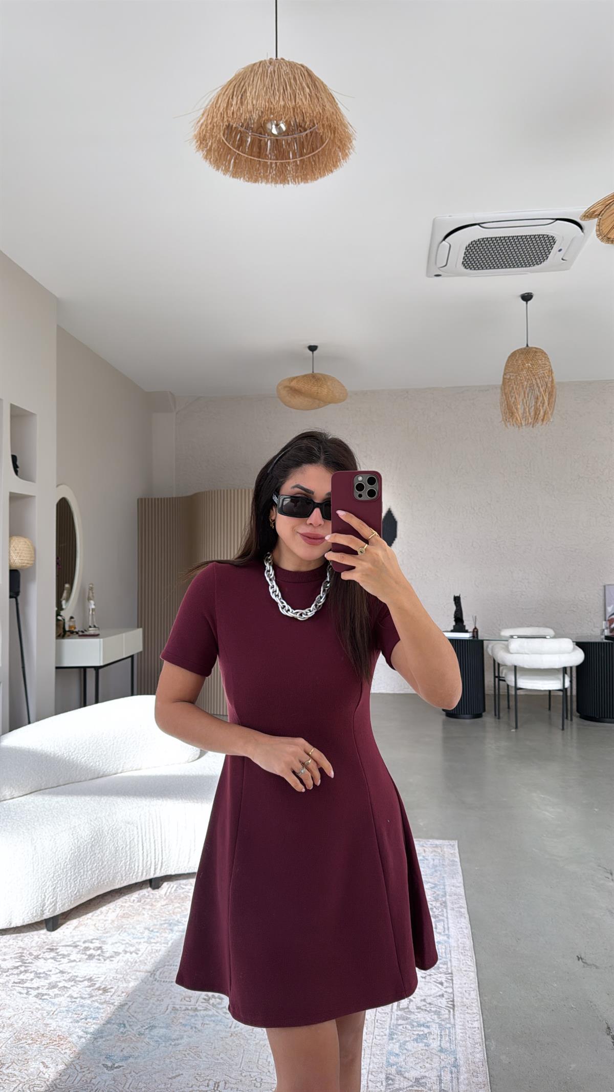 Bordo Selanik Triko Çan Elbise