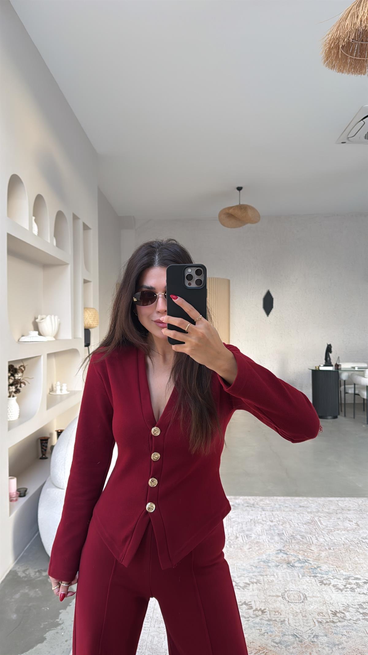 Bordo Selanik Triko ZR model Hırka Pantolon Takım