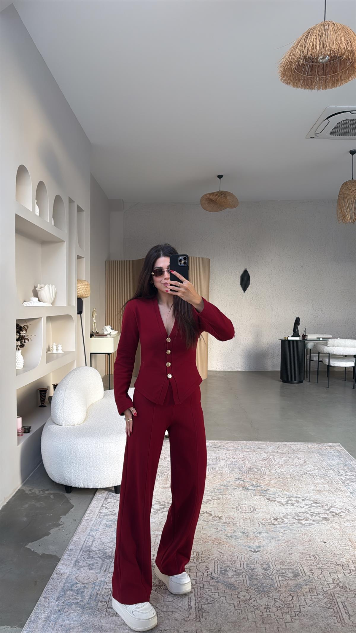 Bordo Selanik Triko ZR model Hırka Pantolon Takım