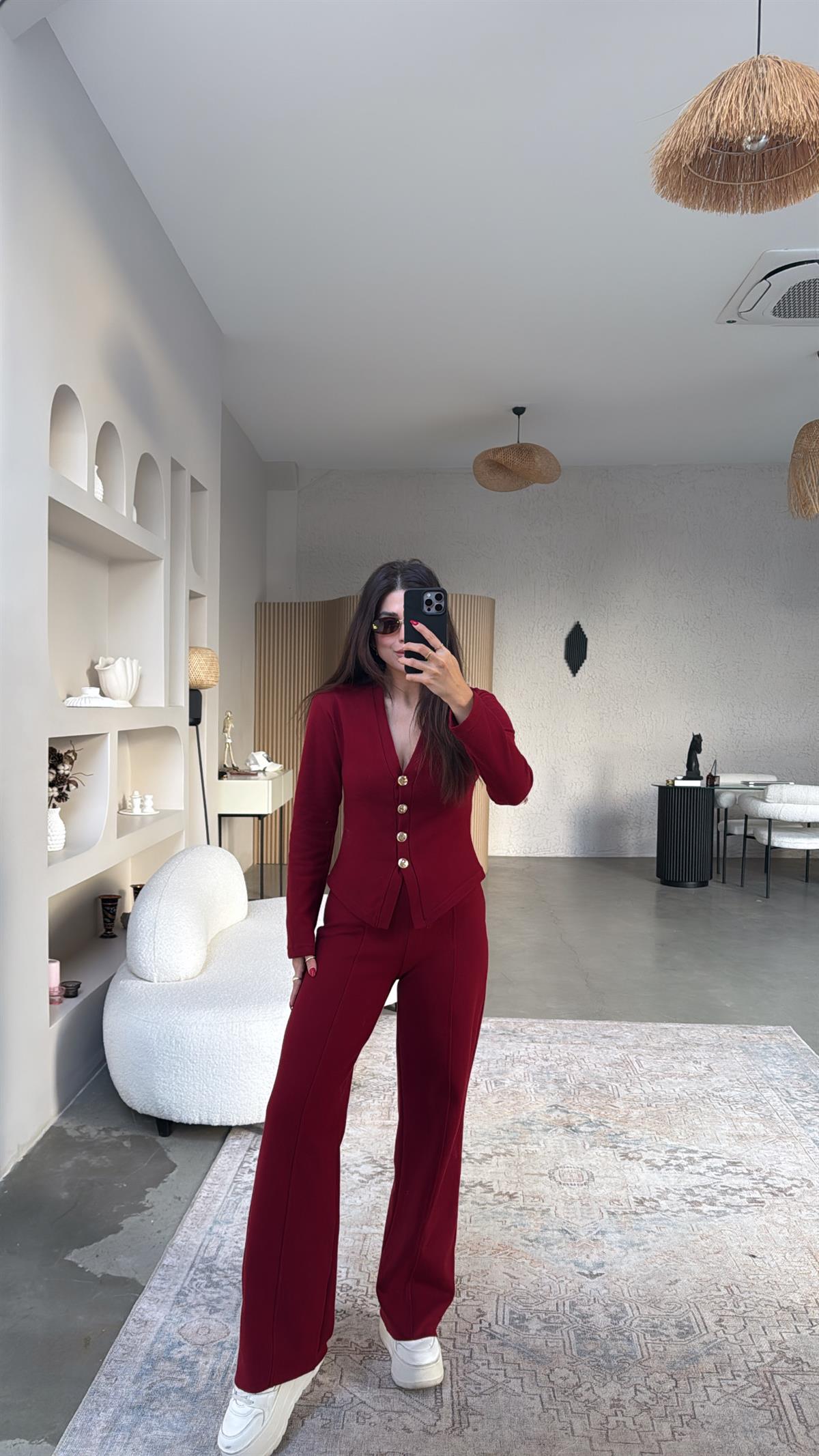 Bordo Selanik Triko ZR model Hırka Pantolon Takım