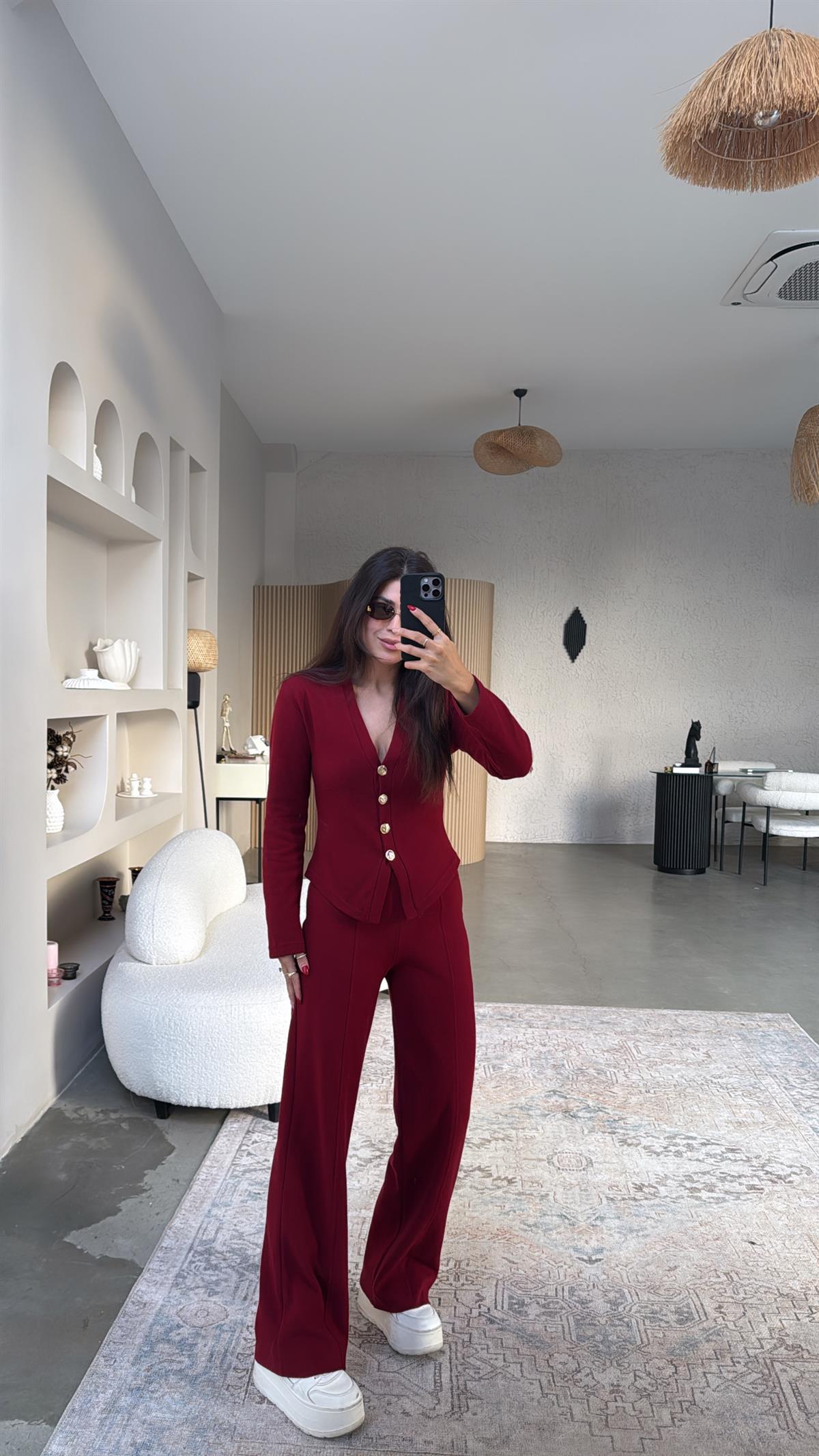 Bordo Selanik Triko ZR model Hırka Pantolon Takım