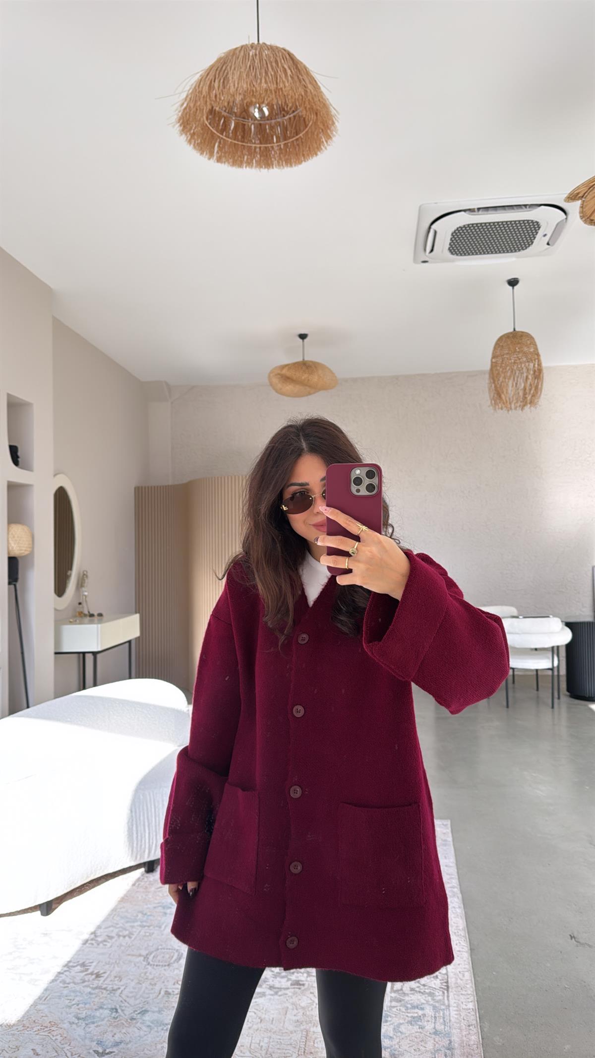 Bordo Sık Triko Salaş Ceket Hırka