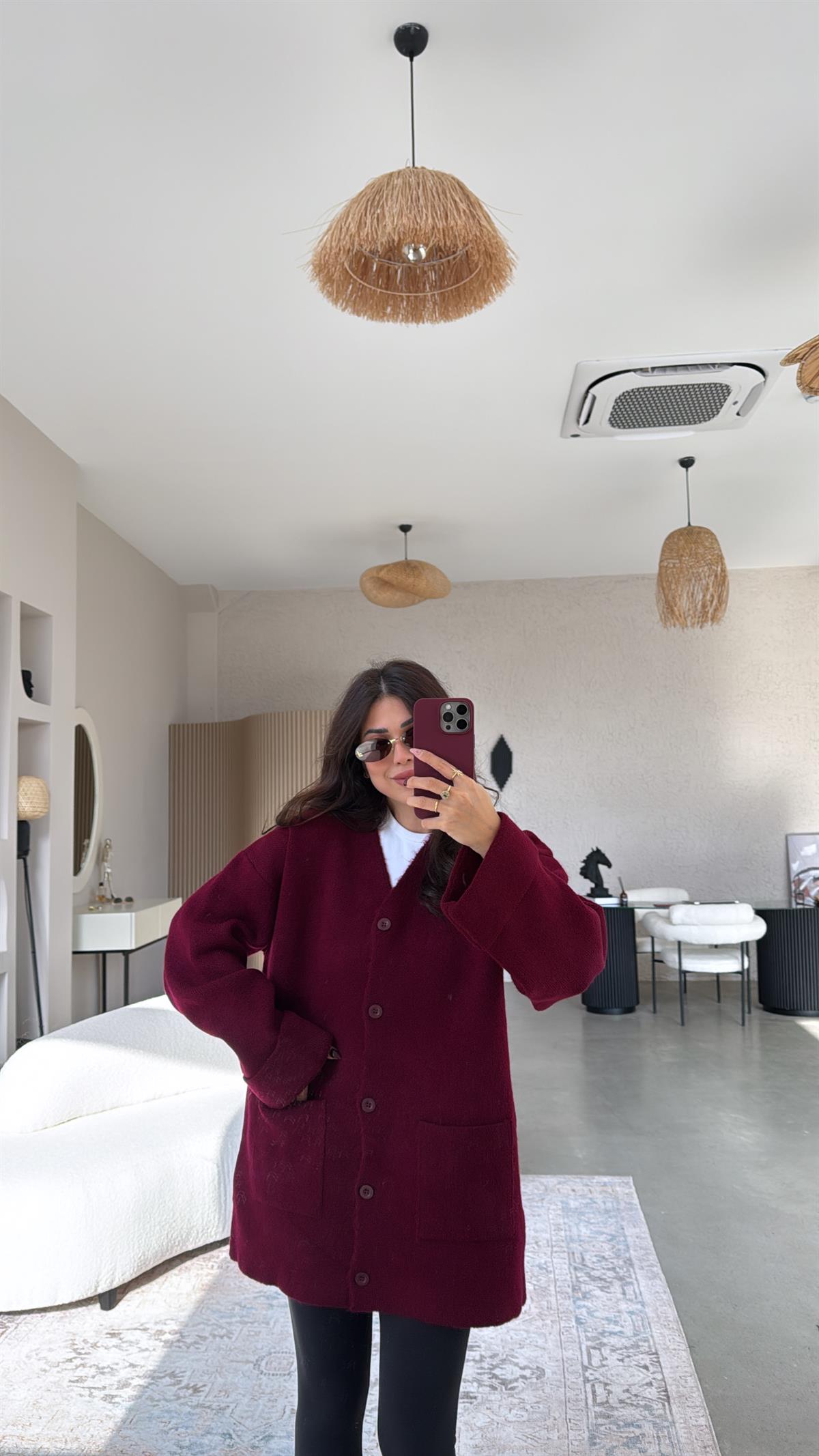 Bordo Sık Triko Salaş Ceket Hırka