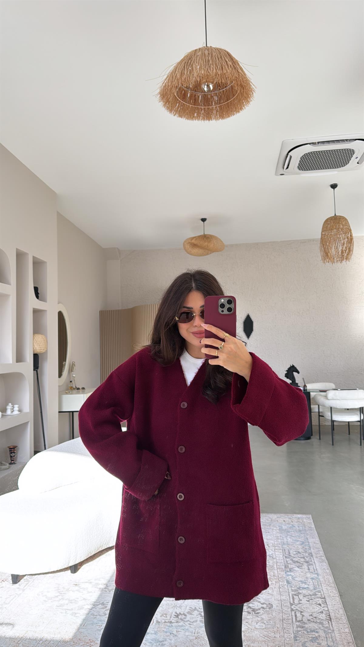 Bordo Sık Triko Salaş Ceket Hırka