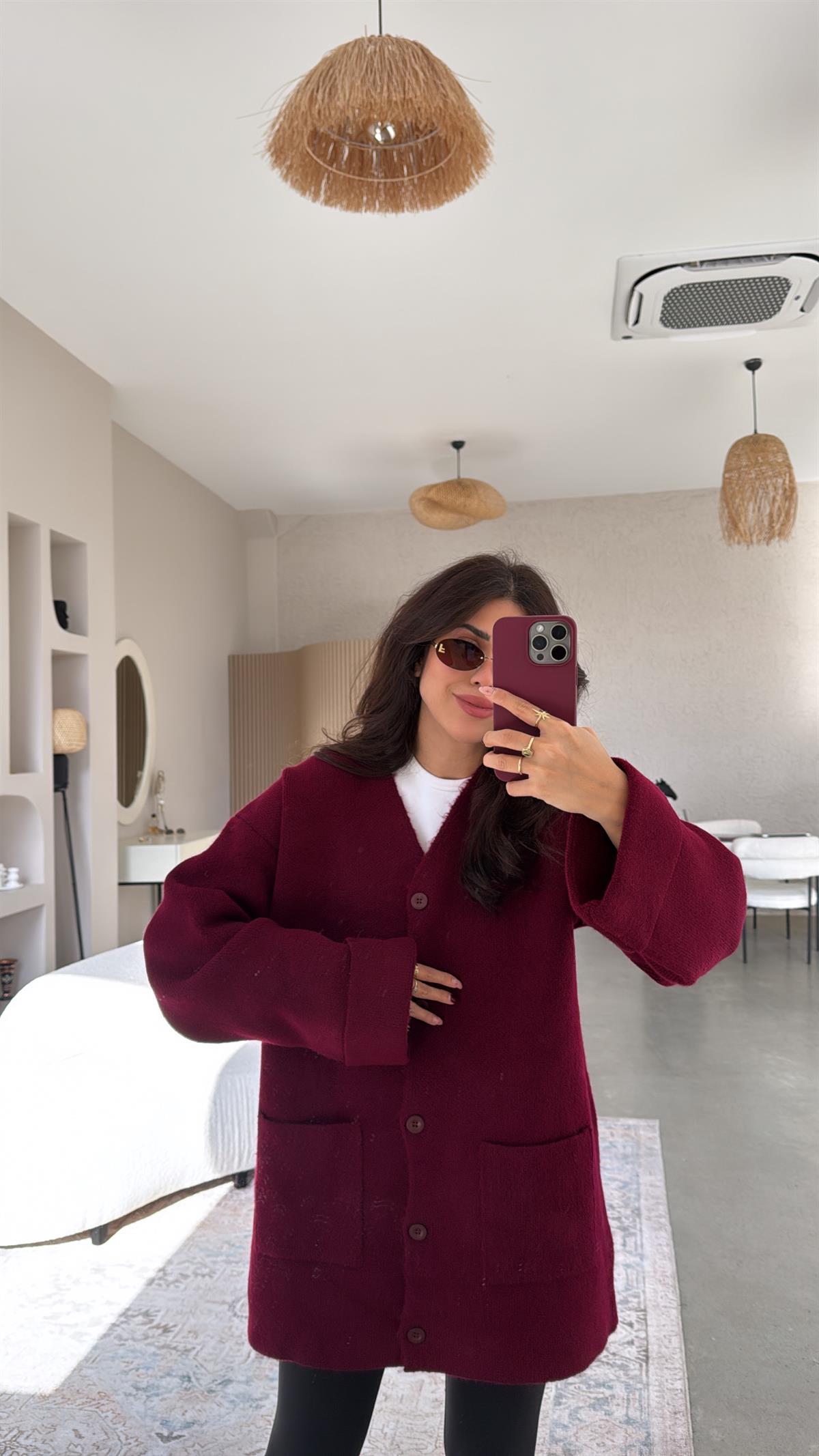 Bordo Sık Triko Salaş Ceket Hırka