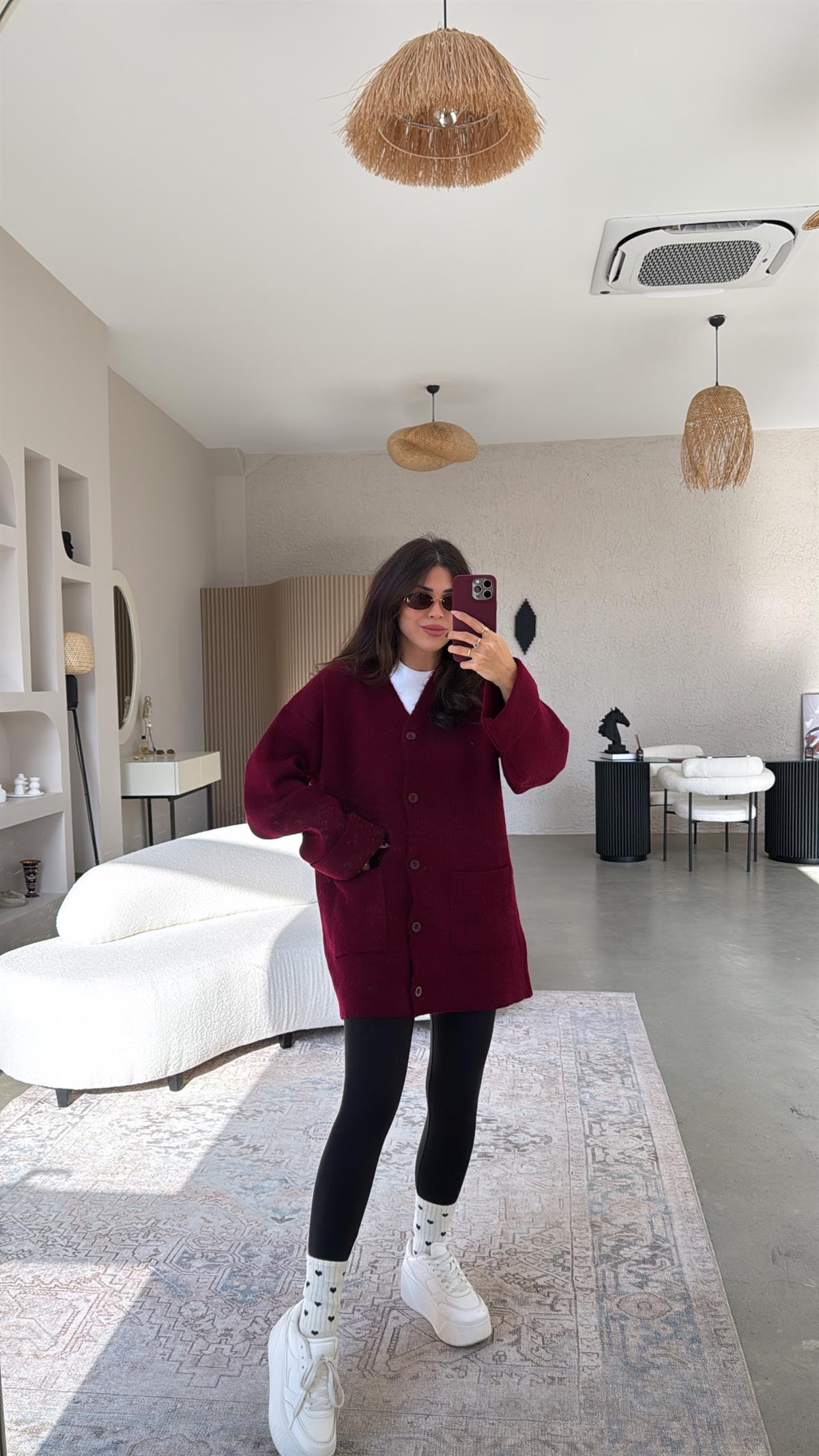 Bordo Sık Triko Salaş Ceket Hırka