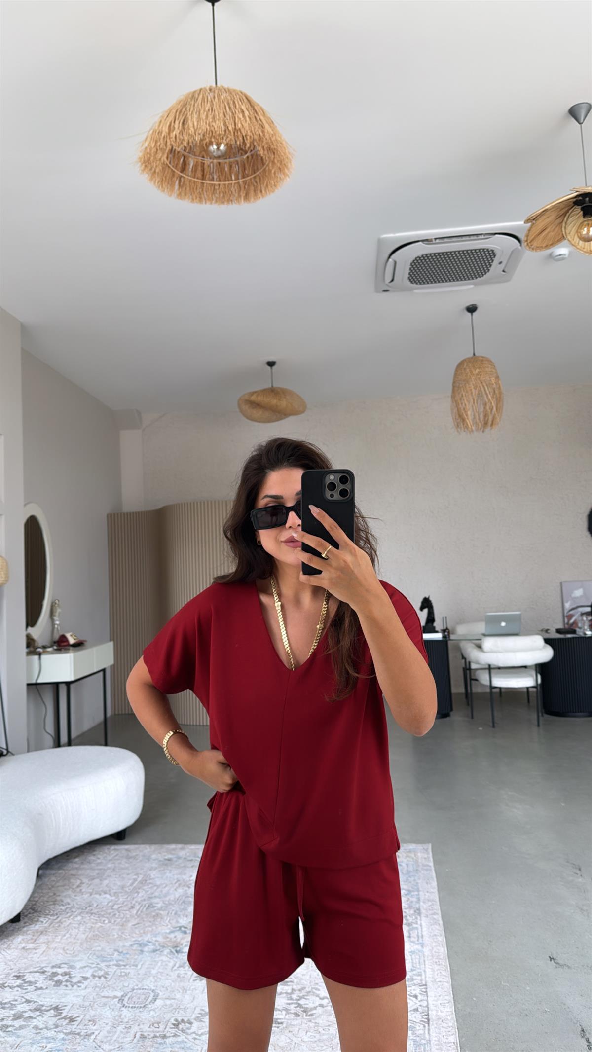 Bordo Şort Bluz Modal Takım