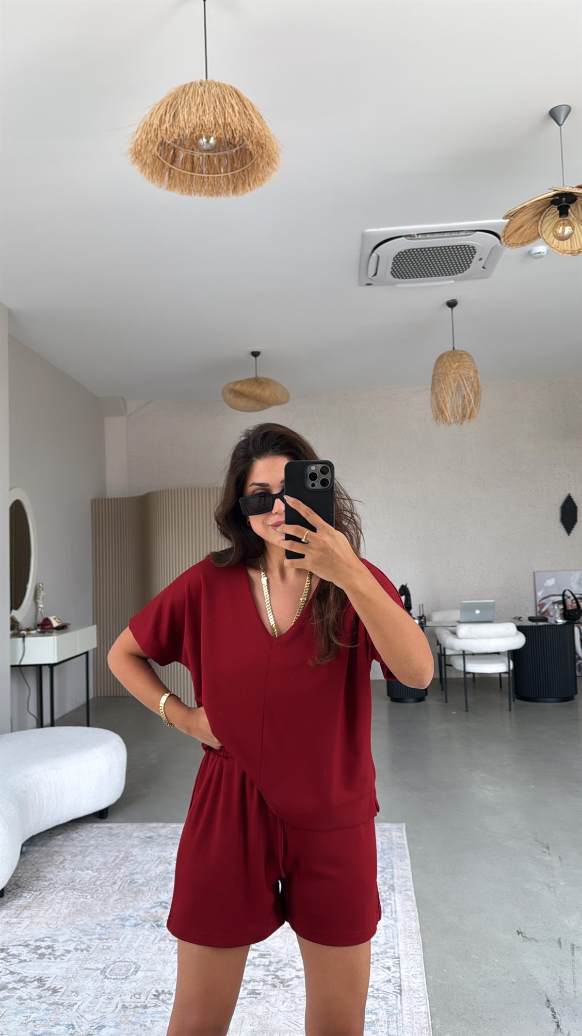 Bordo Şort Bluz Modal Takım