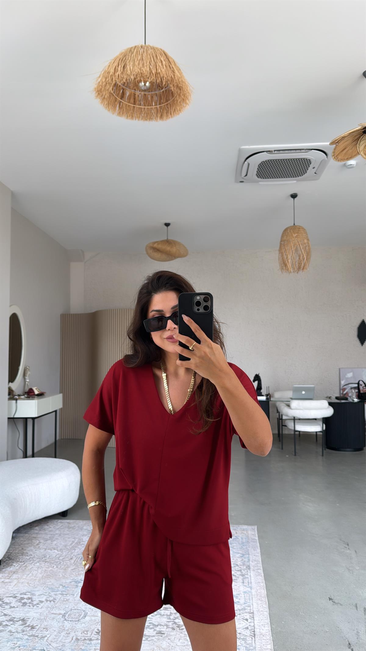 Bordo Şort Bluz Modal Takım