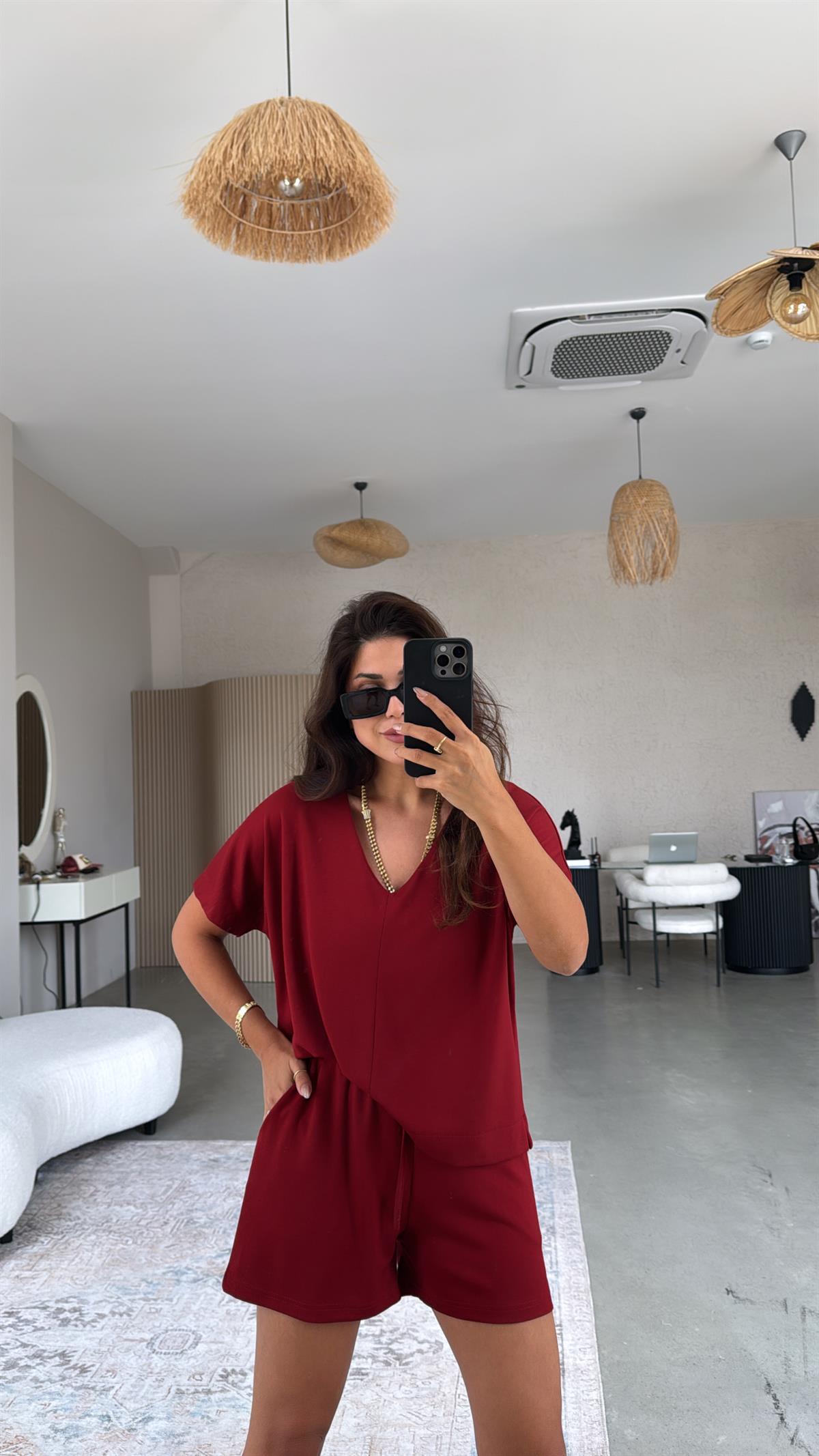 Bordo Şort Bluz Modal Takım