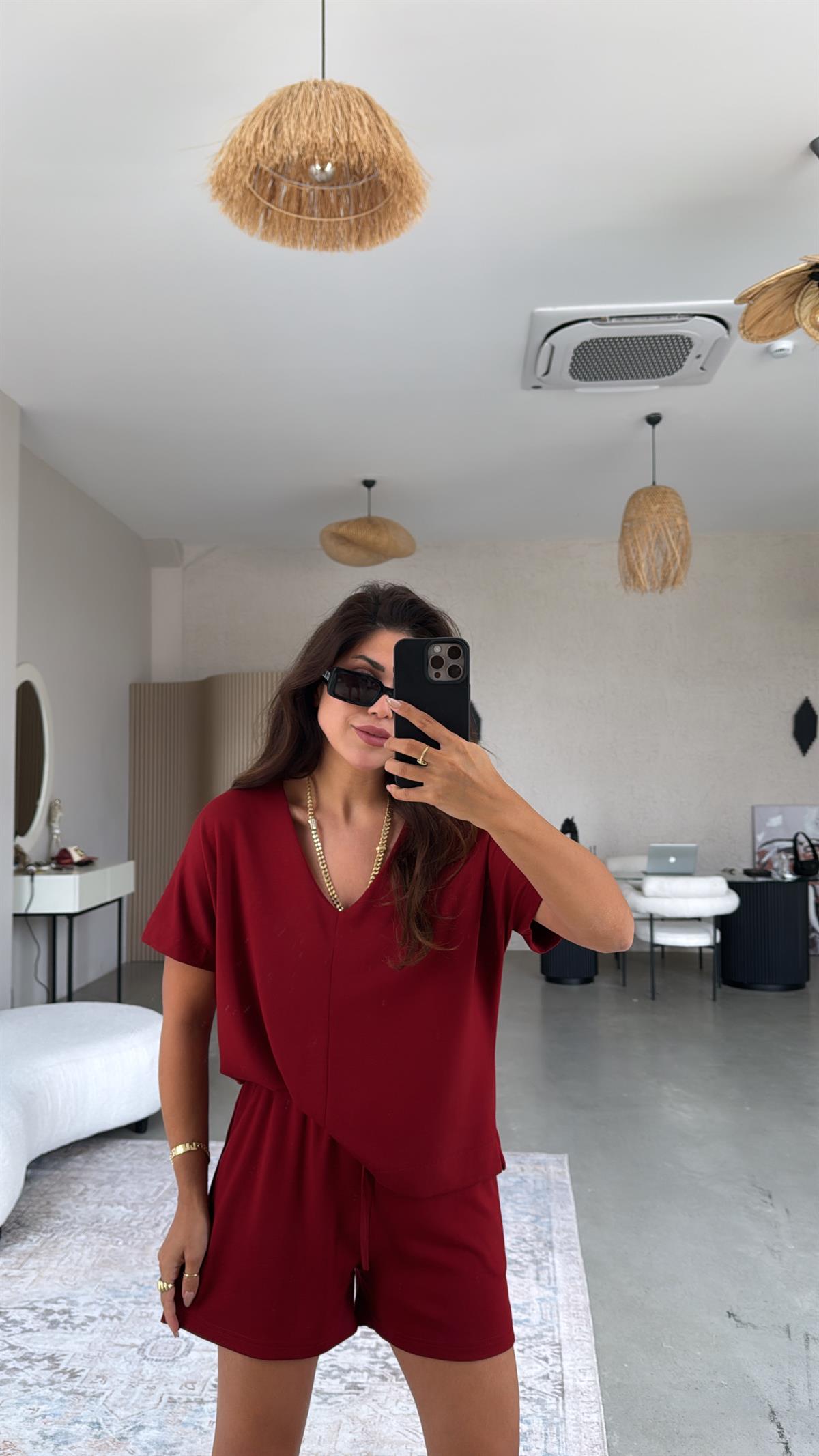 Bordo Şort Bluz Modal Takım