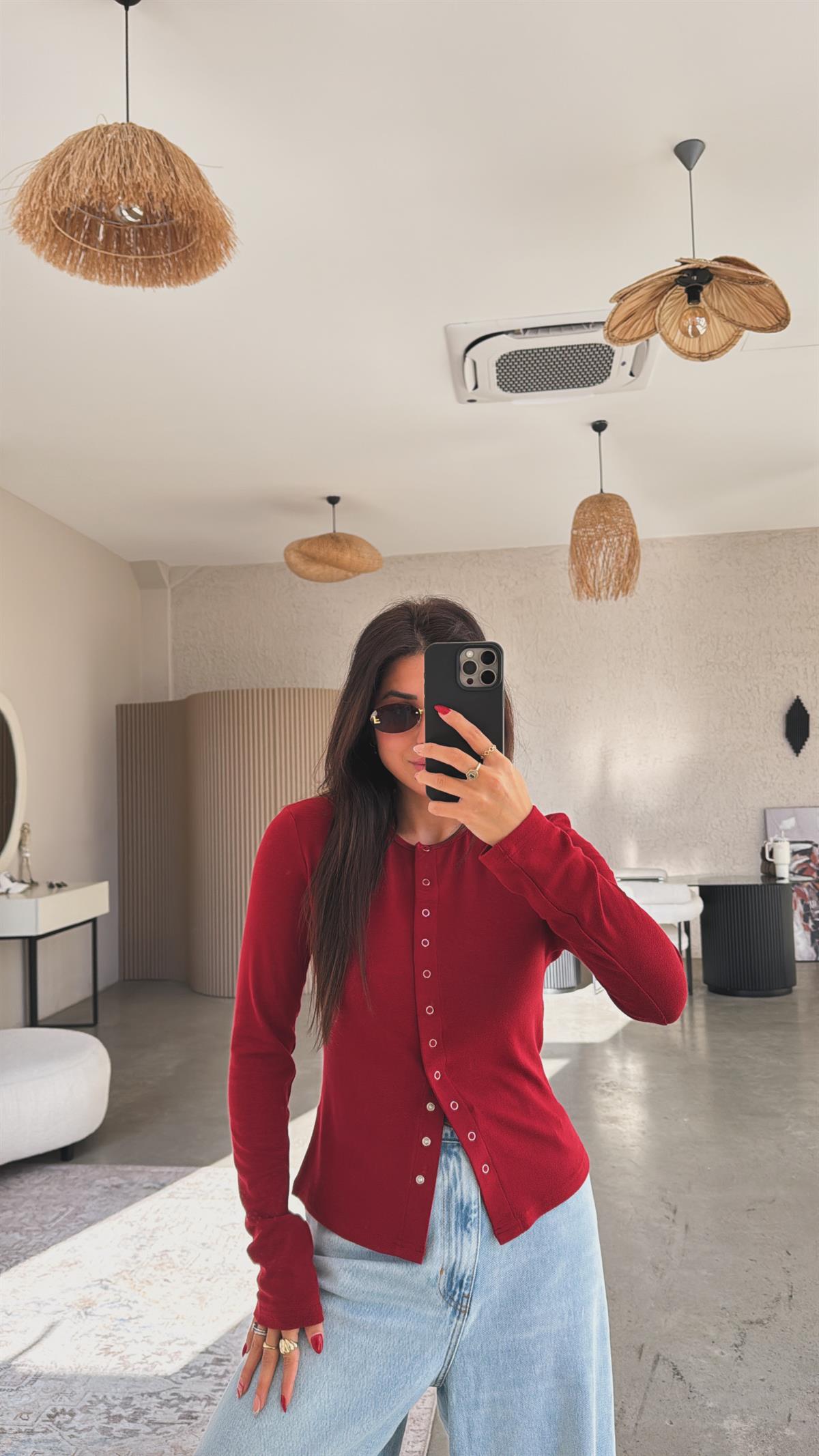 Bordo Tam Boy Çıtçıt Modal Bluz