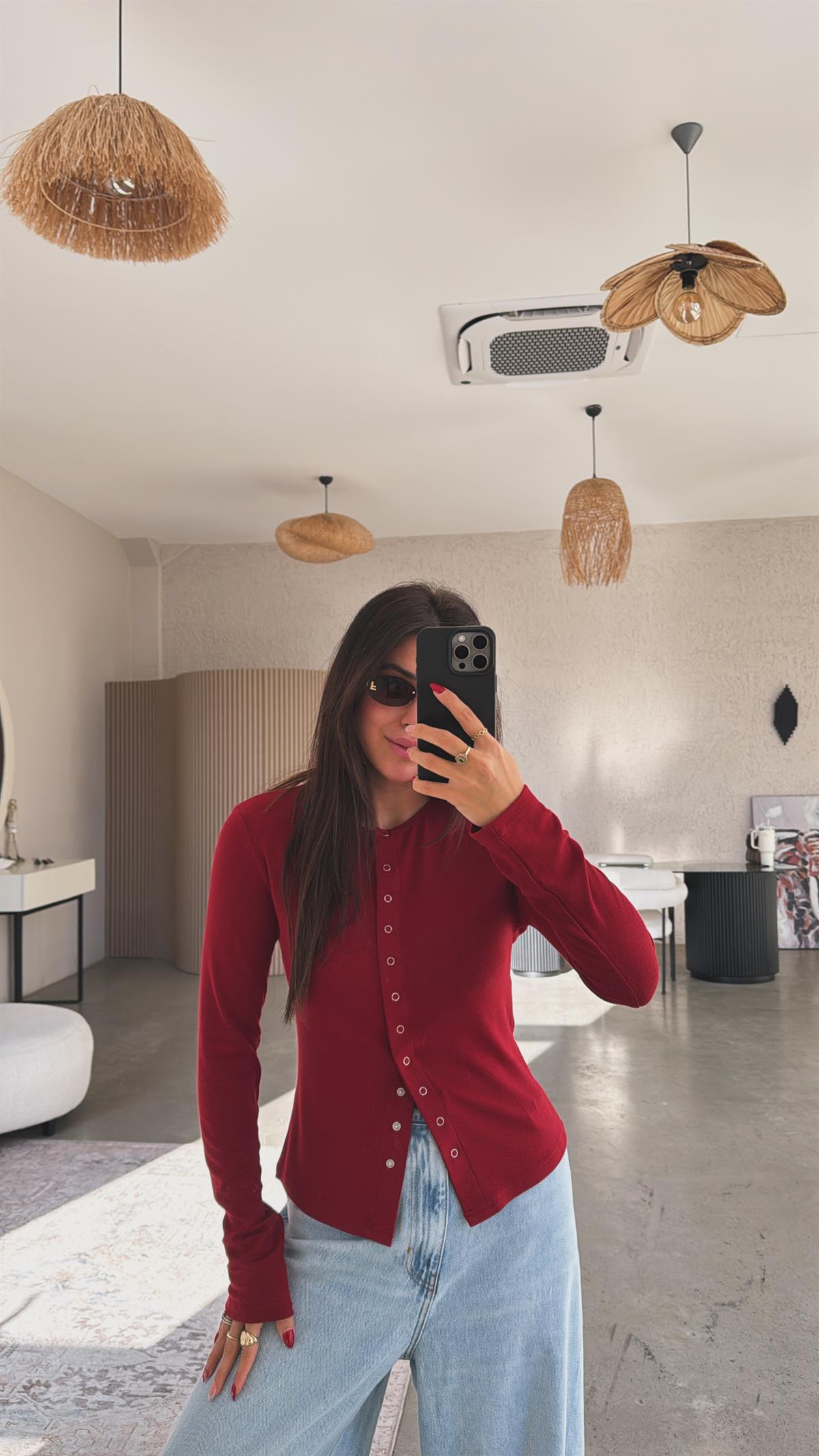 Bordo Tam Boy Çıtçıt Modal Bluz