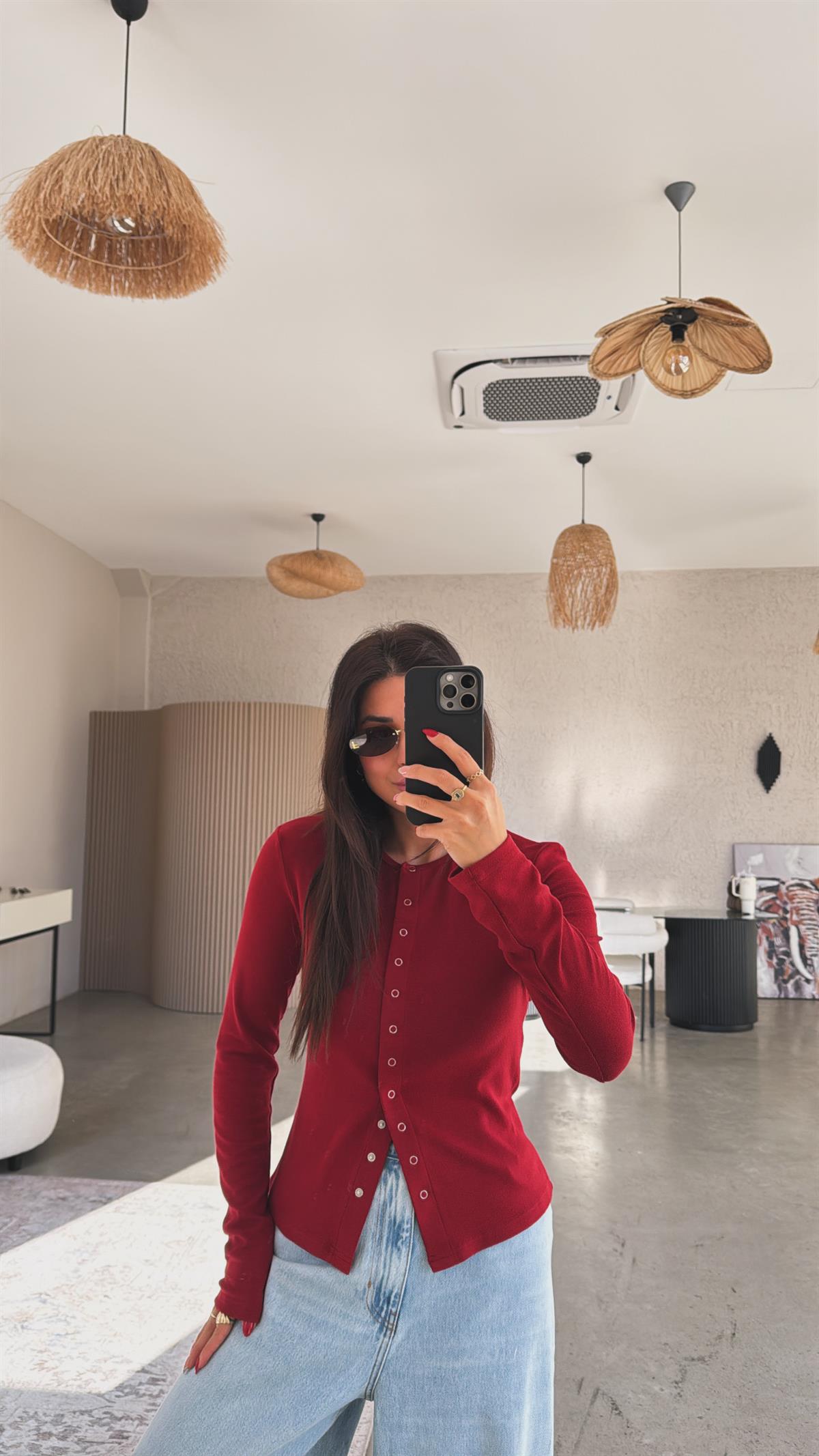 Bordo Tam Boy Çıtçıt Modal Bluz