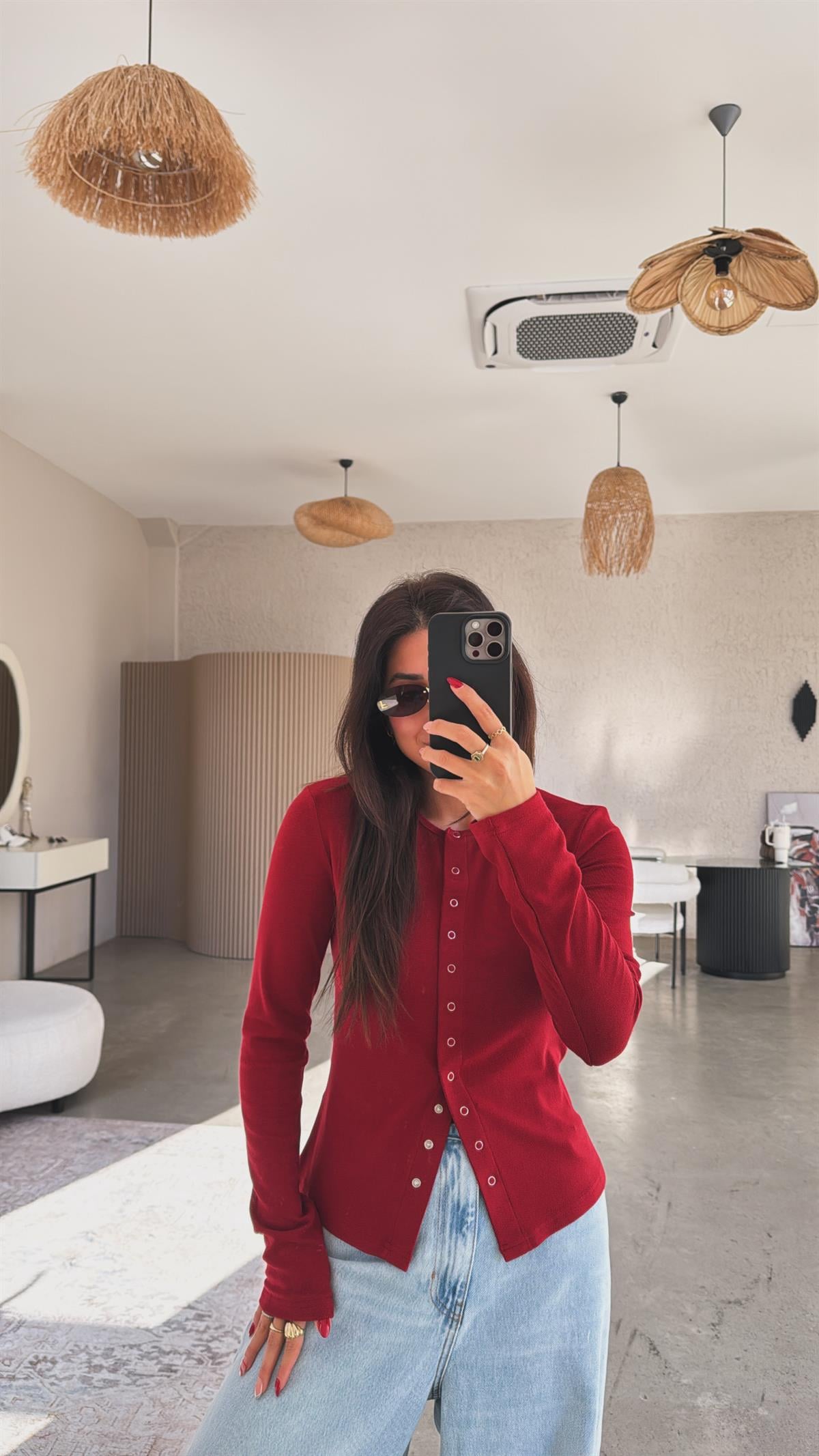 Bordo Tam Boy Çıtçıt Modal Bluz