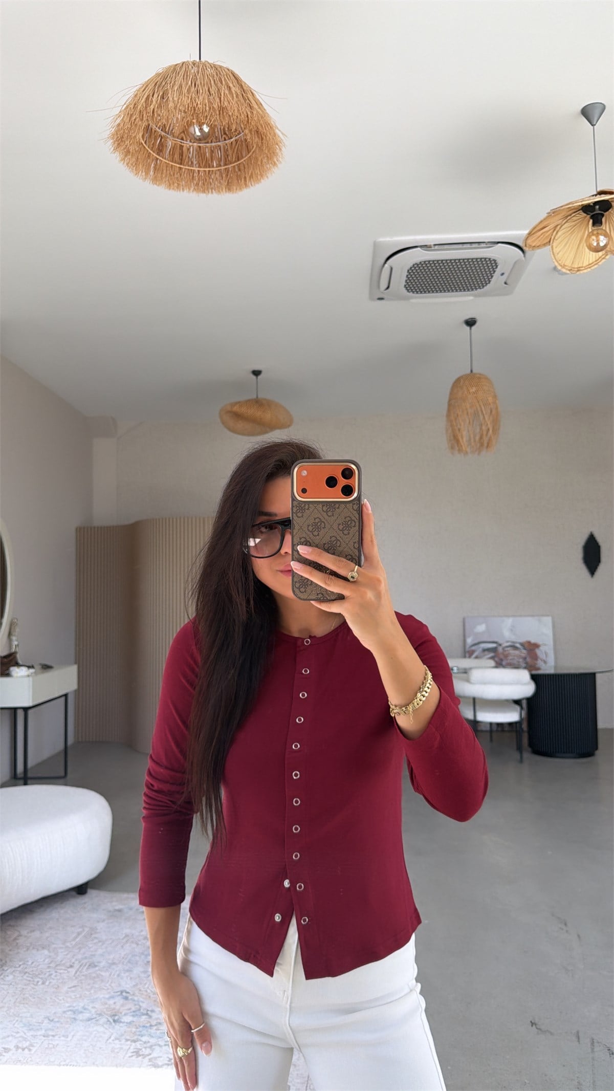 Bordo Tam Boy Çıtçıt Modal Bluz