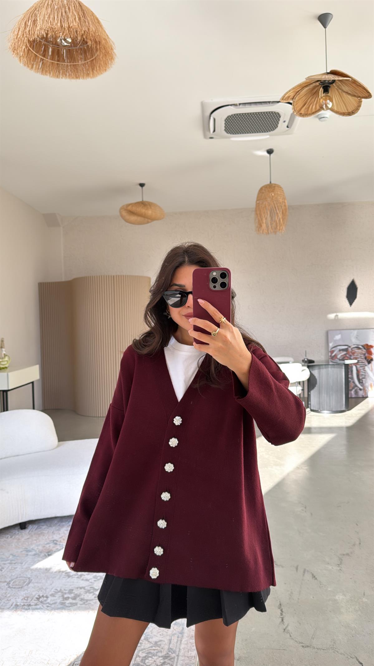 Bordo Taş Düğmeli Oversize Hırka